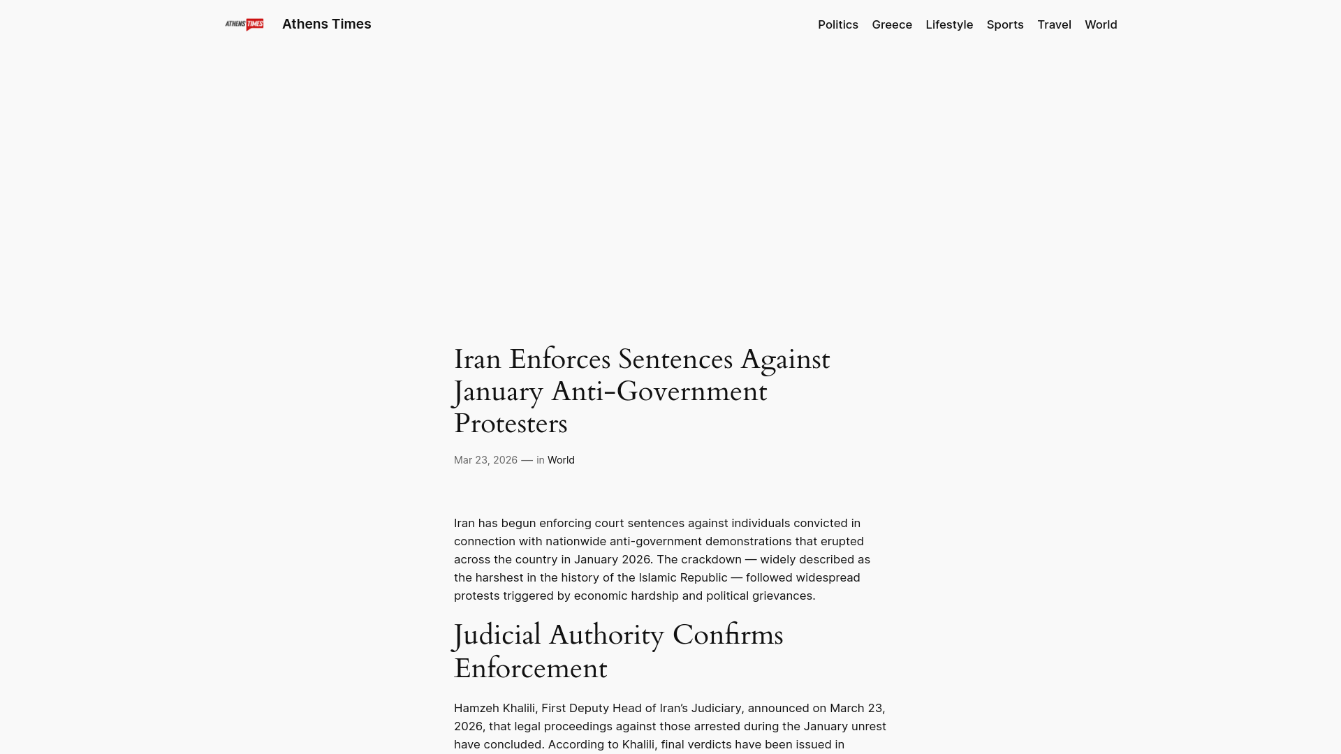 website screenshot of https://athens-times.com/iran-enforces-sentences-against-january-anti-government-protesters/