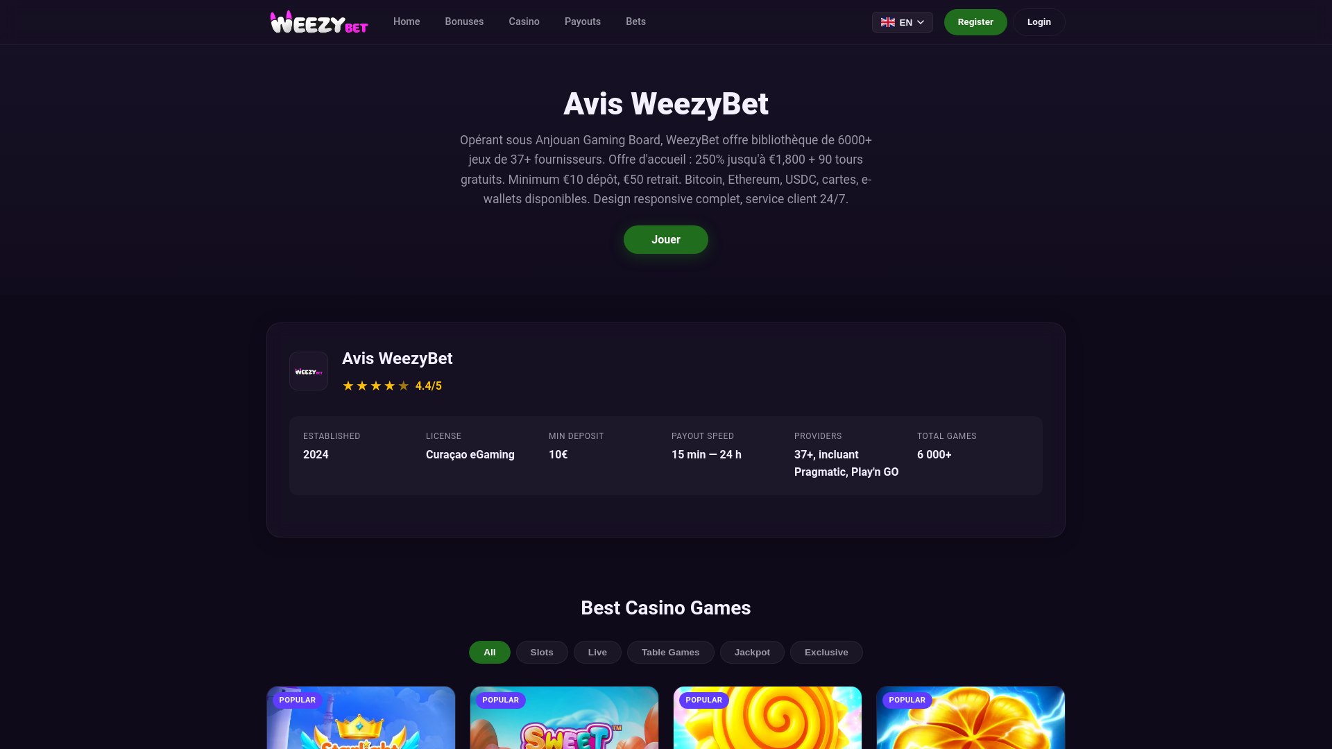 website screenshot of https://fr-weezybet.com/
