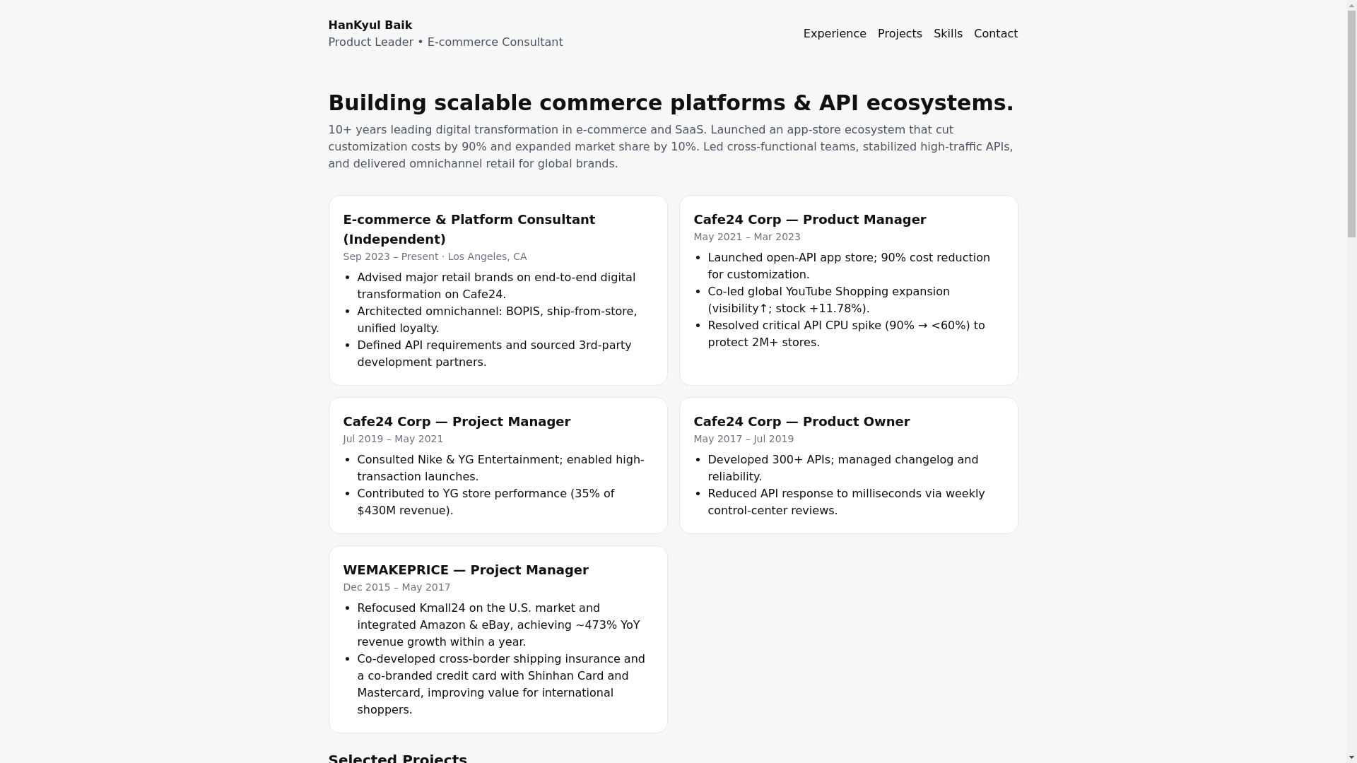 website screenshot of https://hankyulbaik.com/