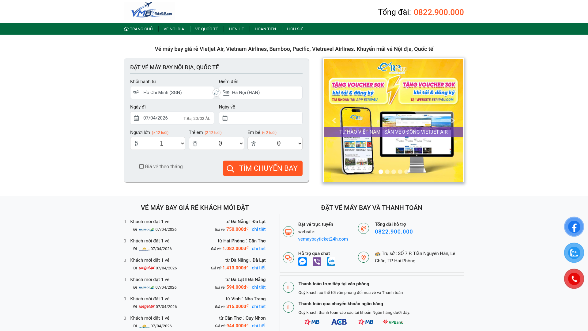 website screenshot of https://vemaybayticket24h.com/