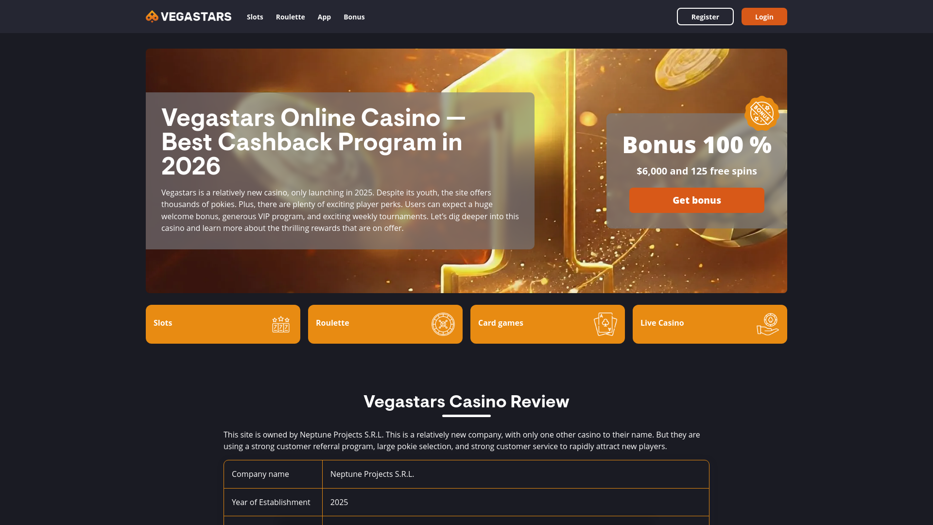website screenshot of https://vegastarscasino.win