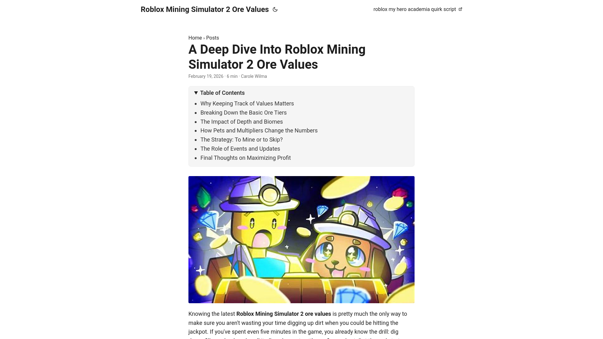 website screenshot of https://roblox-mining-simulator-2-ore-values.pages.dev/