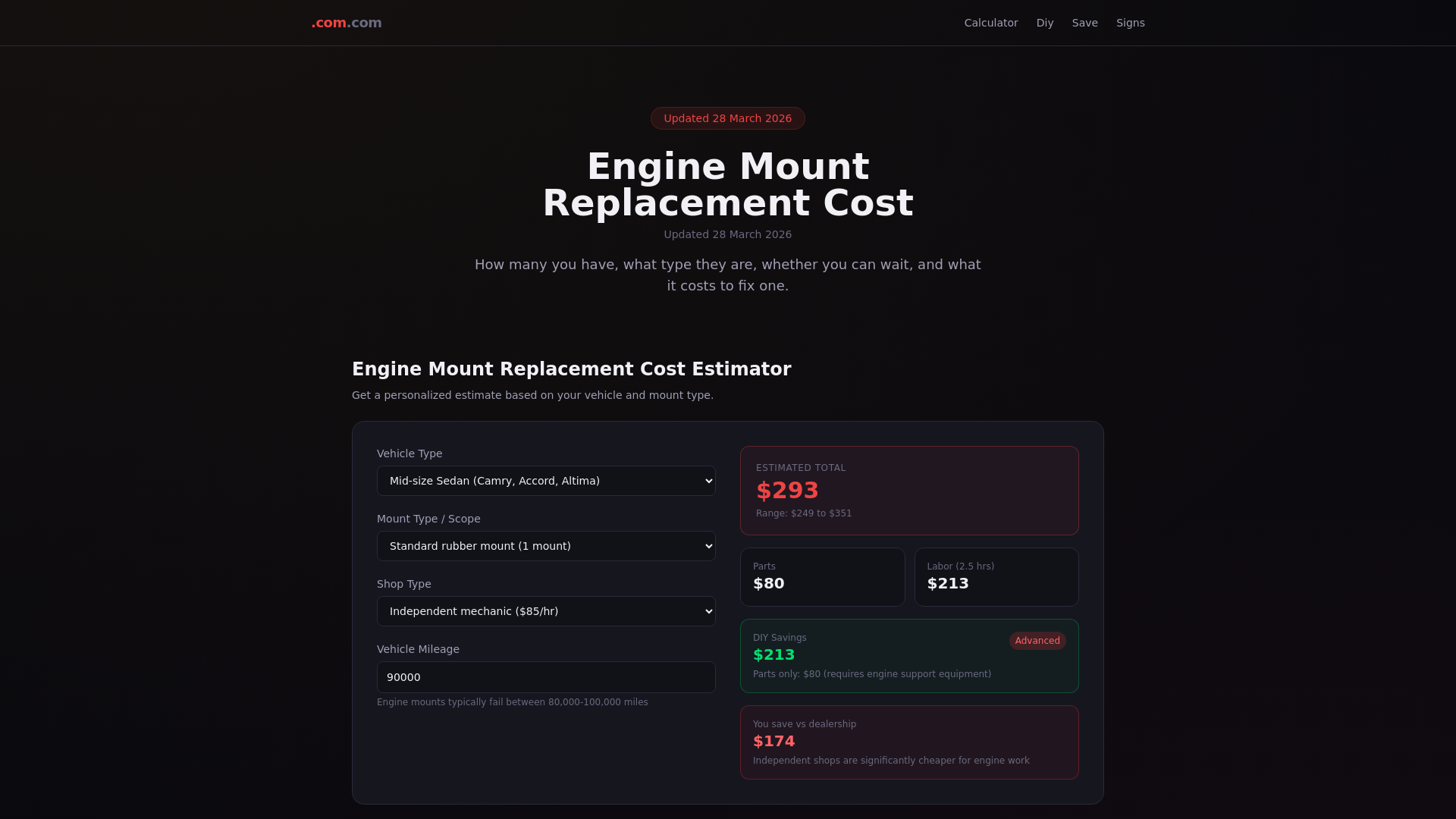 website screenshot of https://enginemountreplacementcost.com/