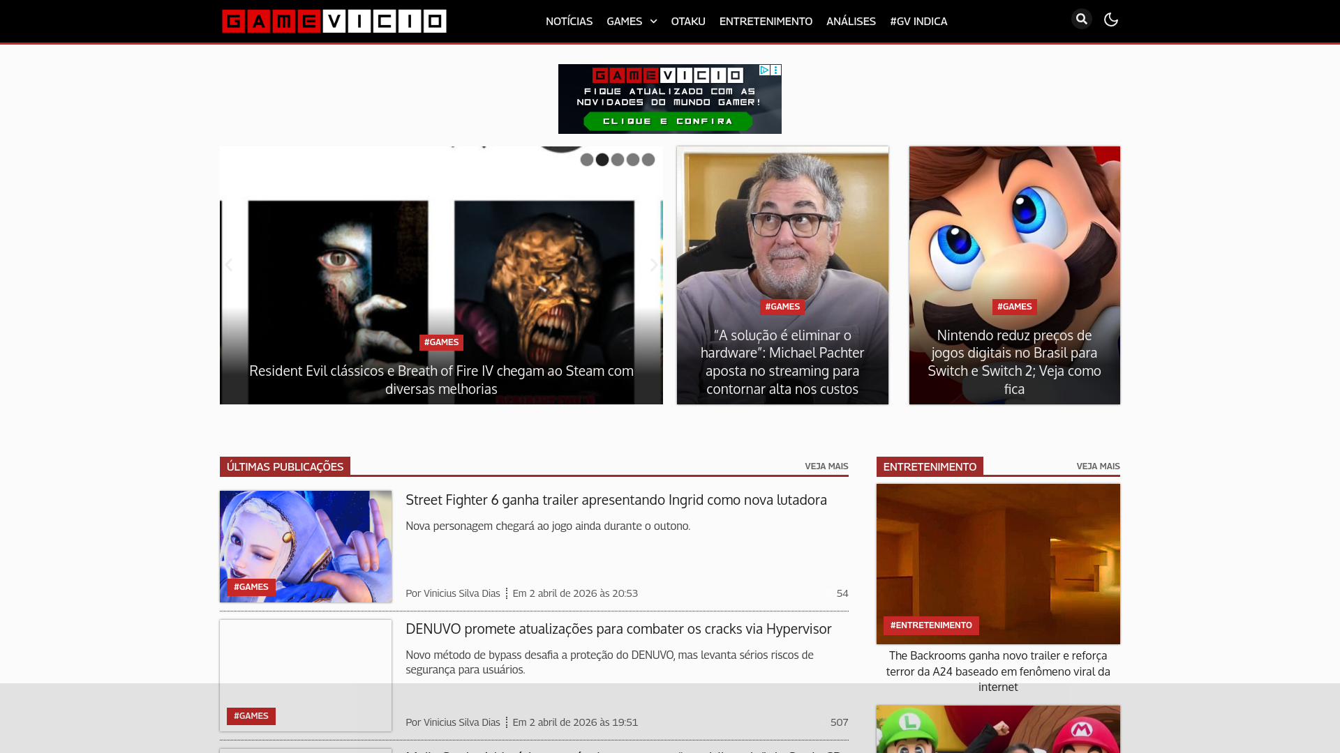 website screenshot of https://gamevicio.com