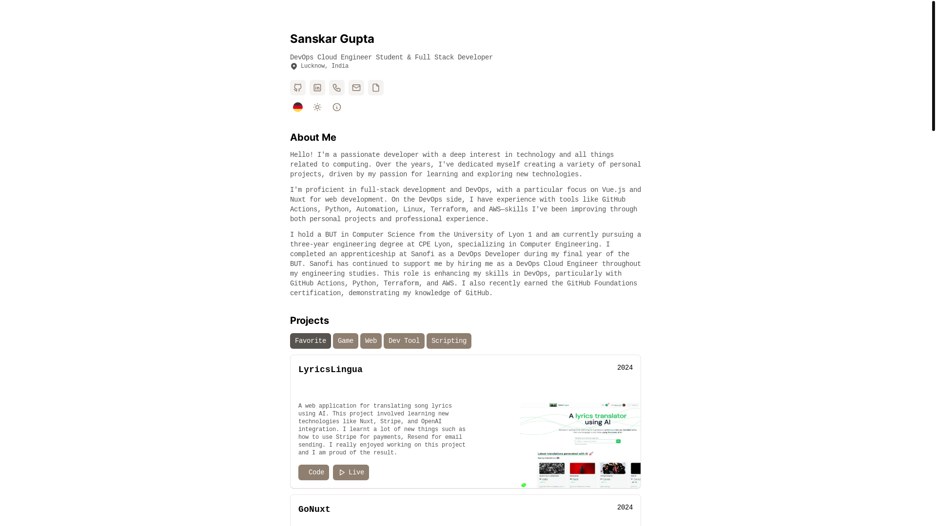 website screenshot of https://sanskargupta.dev/