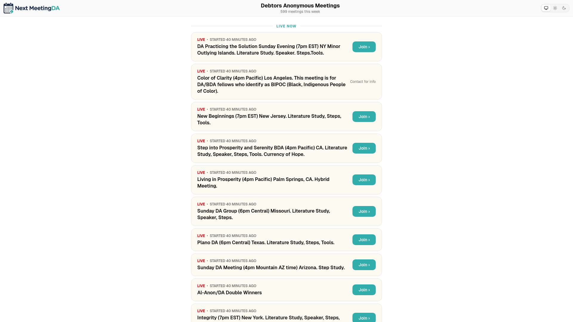 website screenshot of https://nextmeetingda.org/