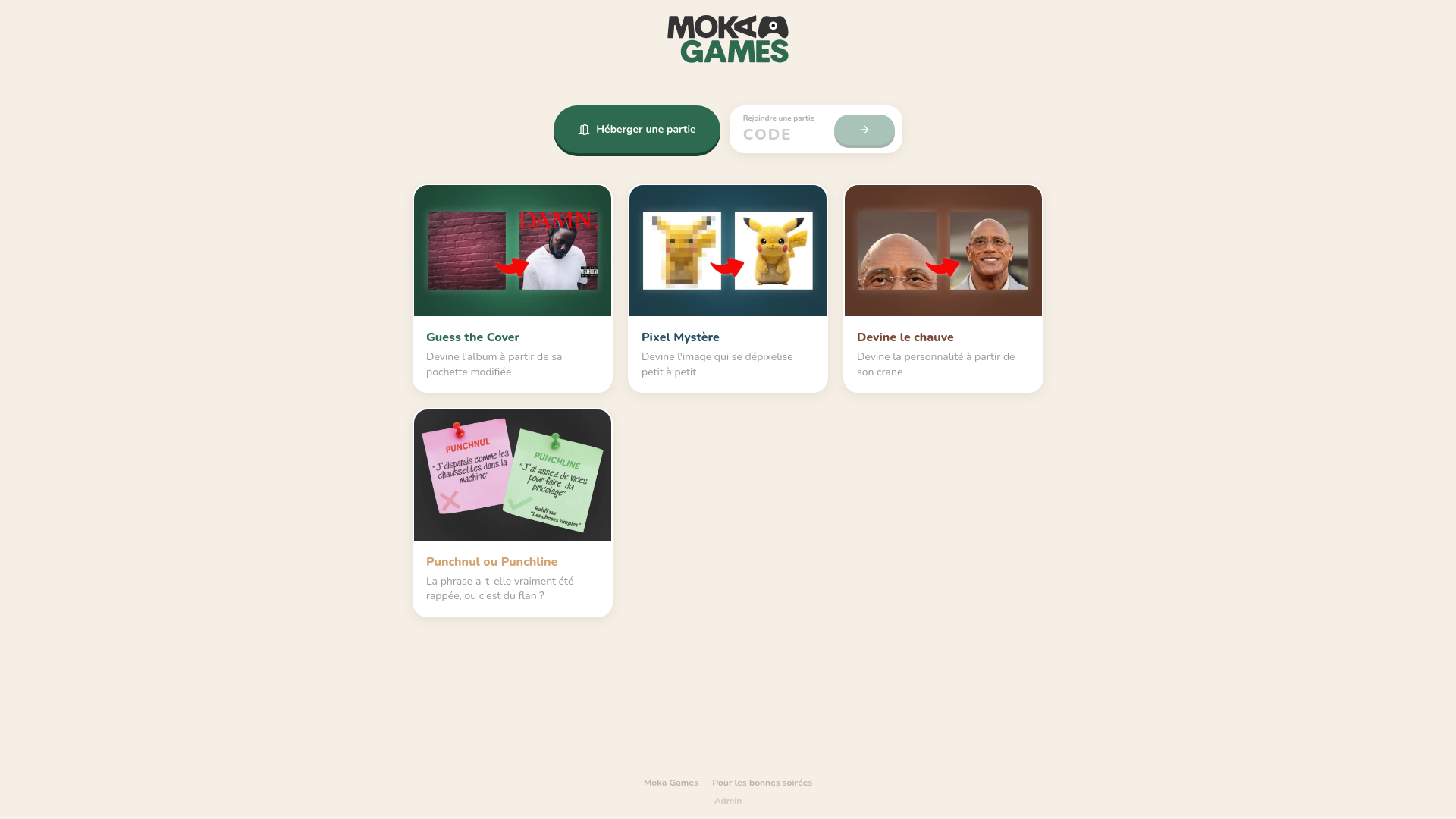 website screenshot of https://mokagames.fun