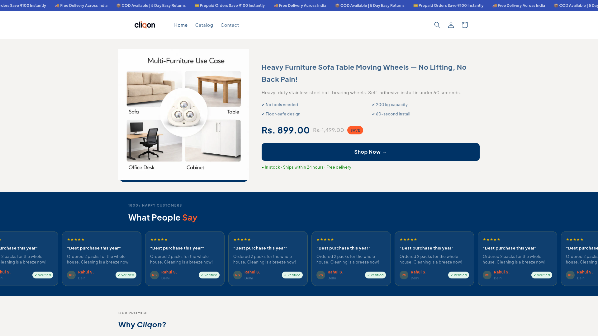 website screenshot of https://cliqon.in/