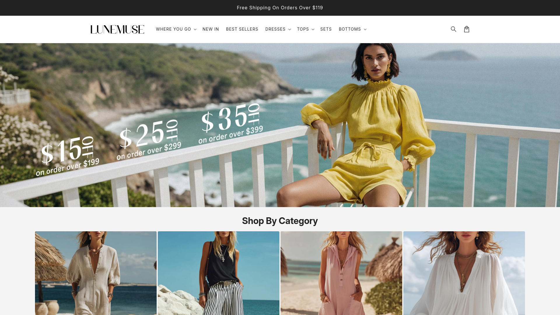 website screenshot of https://lunemuseclothing.com/