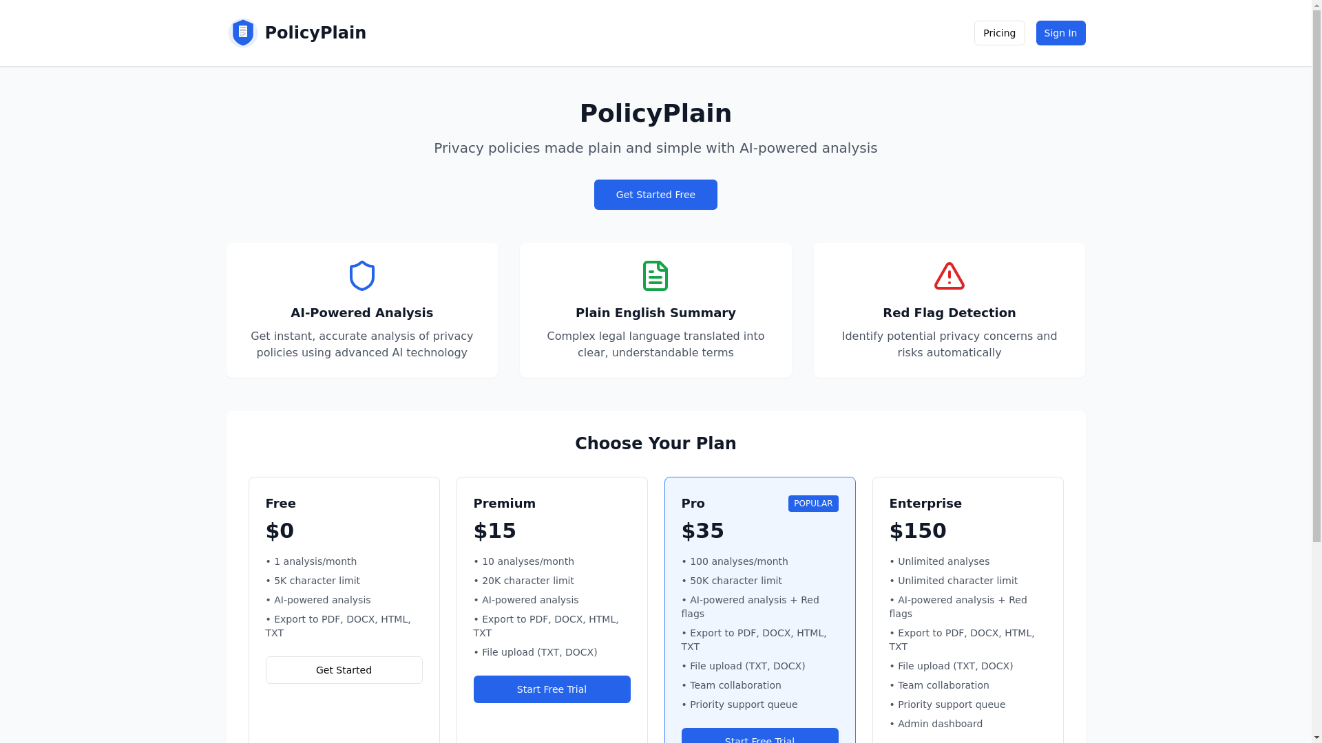 website screenshot of https://policyplain.ai/
