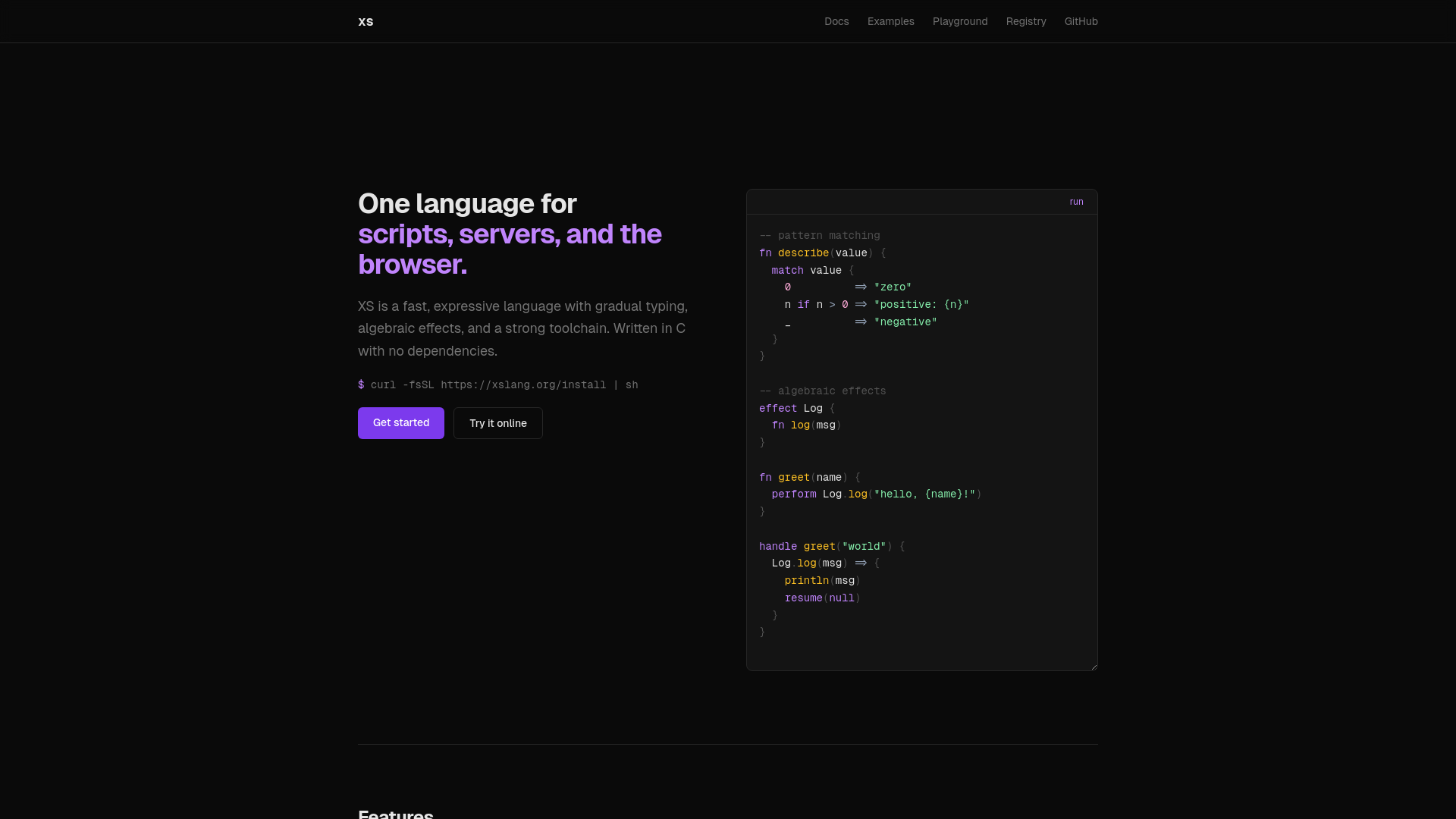 website screenshot of https://xslang.org/