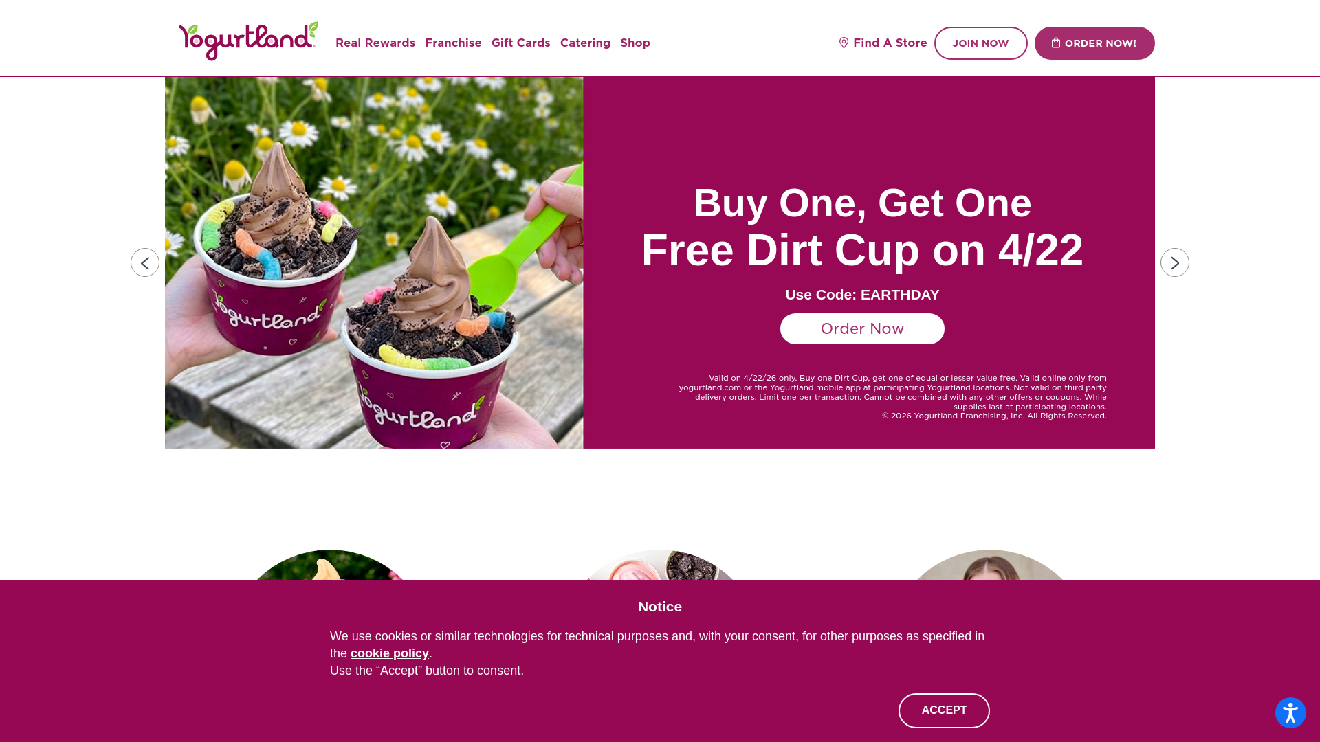 website screenshot of https://www.yogurtland.com/