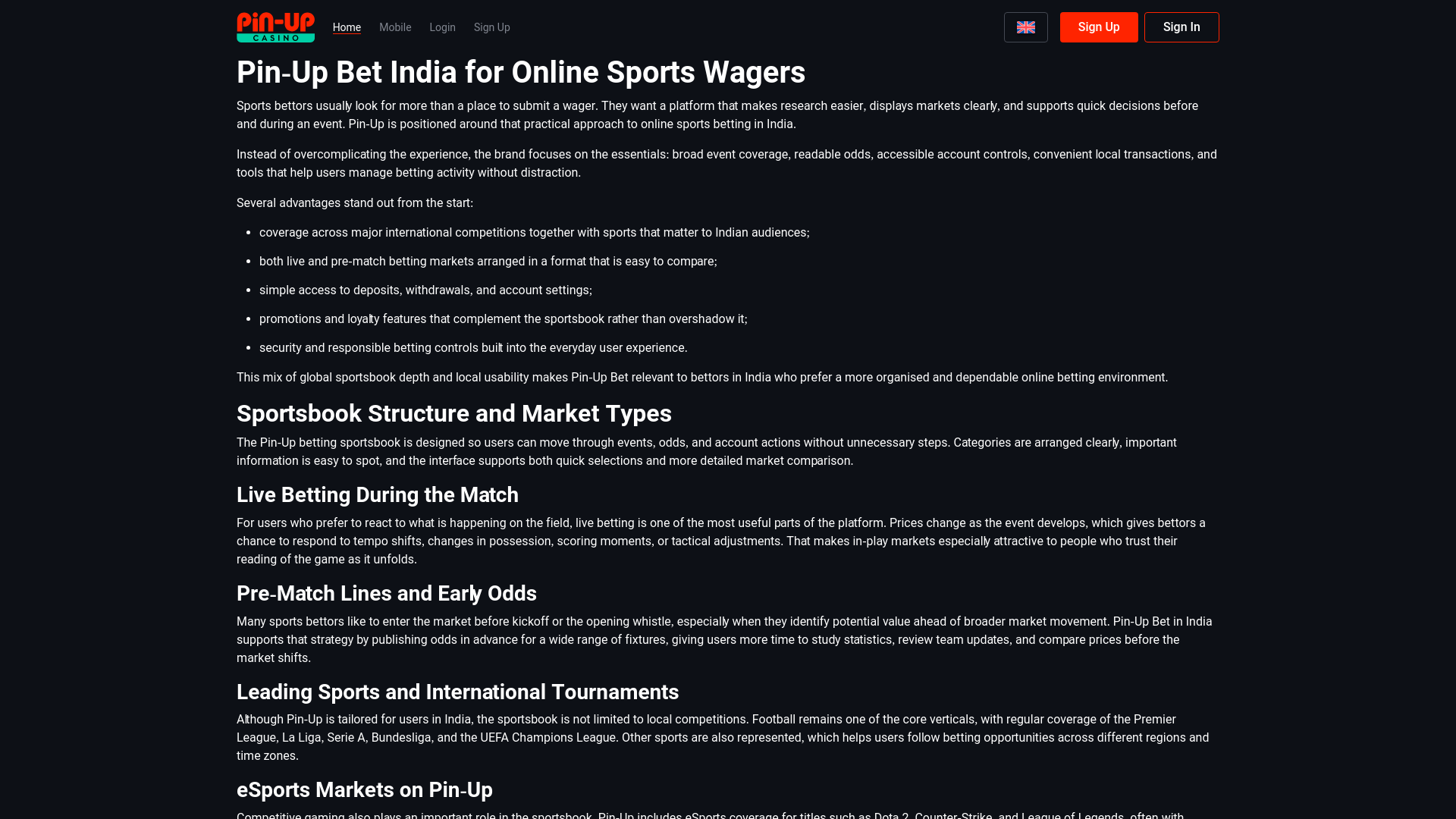 website screenshot of https://pinup-india-bets.com