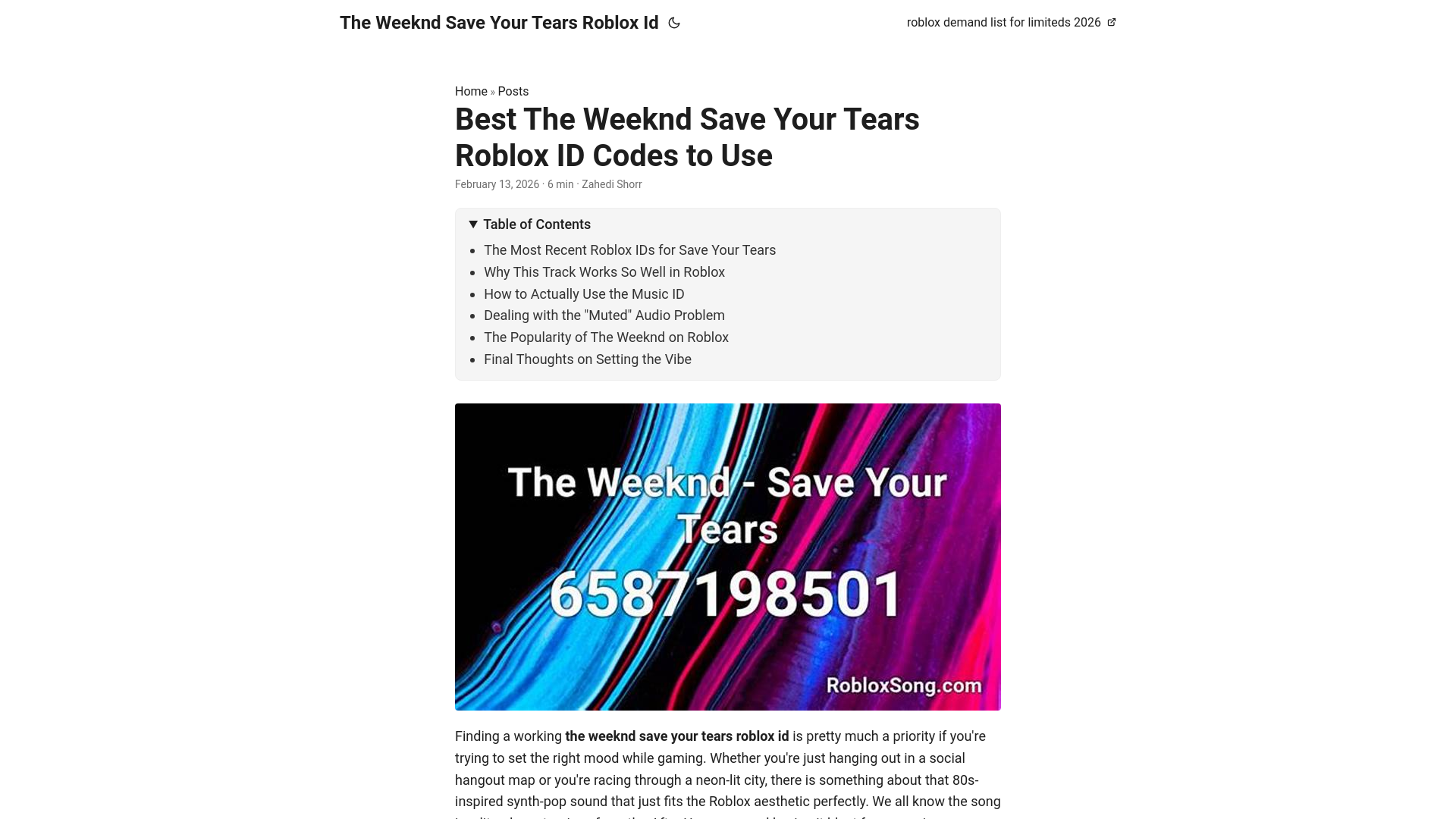 website screenshot of https://the-weeknd-save-your-tears-roblox-id.pages.dev/