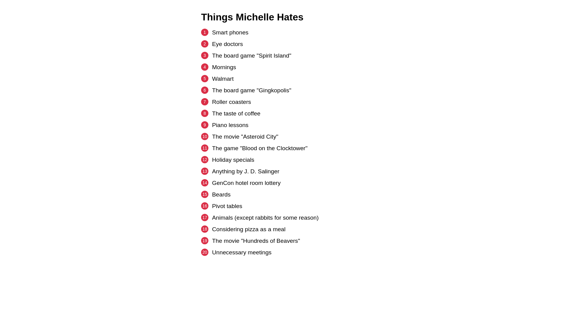website screenshot of https://thingsmichellehates.pages.dev/