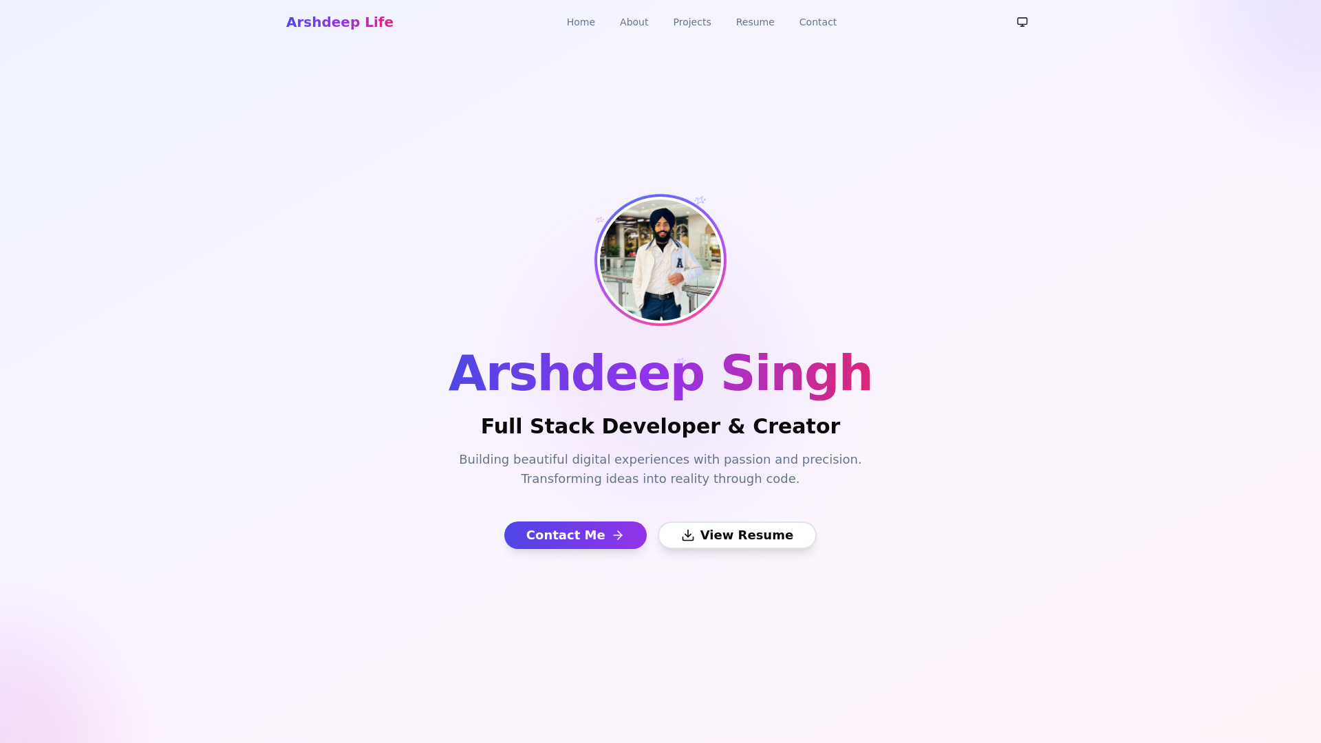 website screenshot of https://arshdeep.life/