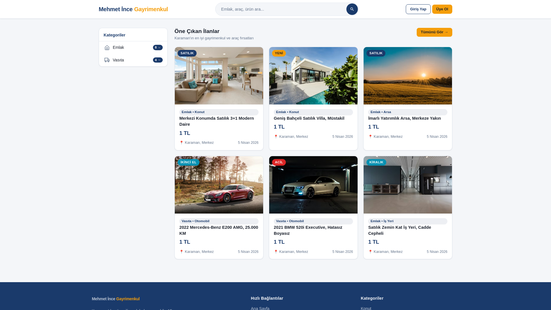 website screenshot of https://mehmetincegayrimenkul.com