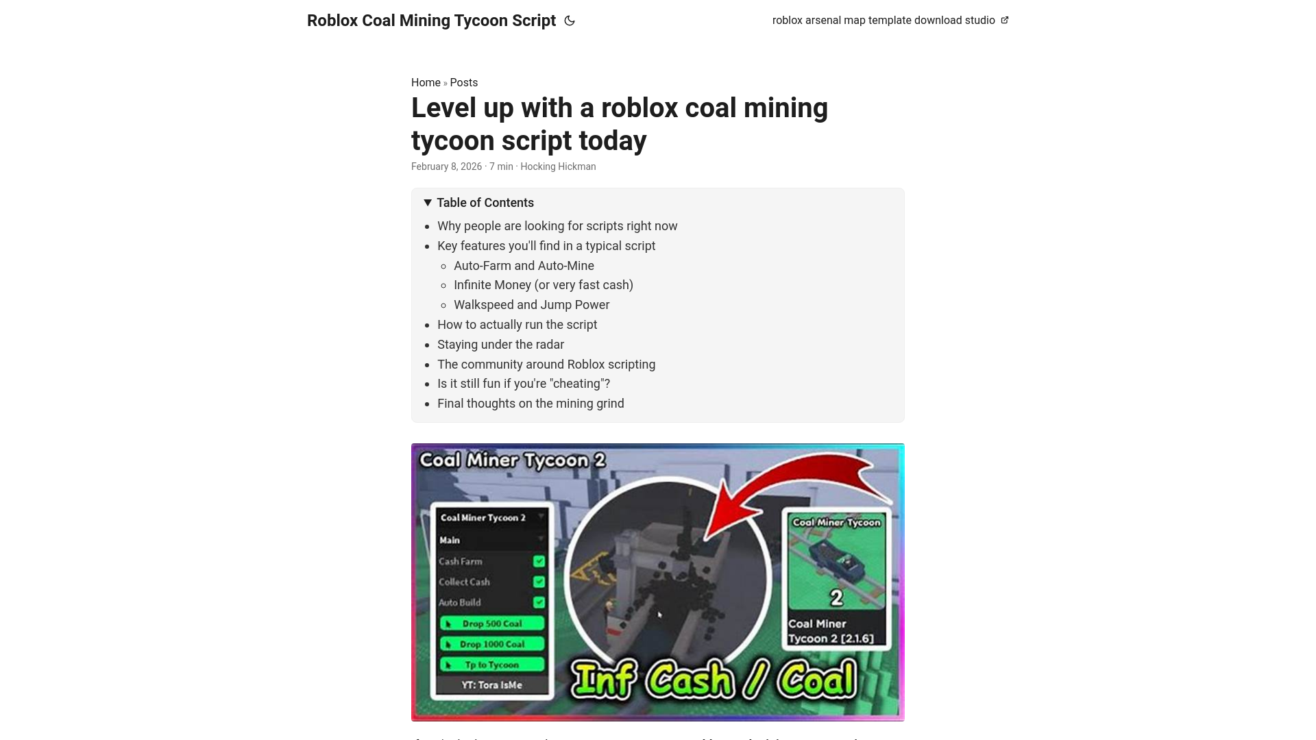 website screenshot of https://roblox-coal-mining-tycoon-script.pages.dev/