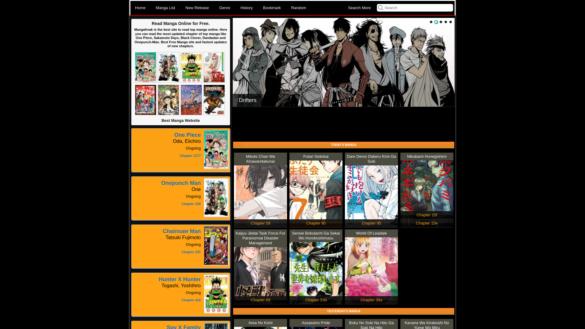 website screenshot of https://ww2.mangafreak.me