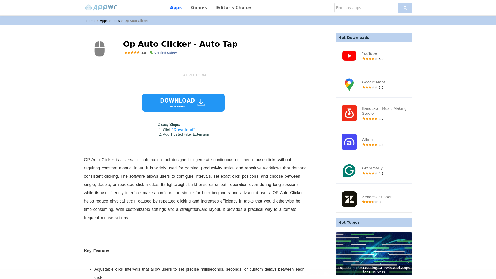 website screenshot of https://www.appwr.com/apps/op-auto-clicker-auto-tap.html?msclkid=d0e234d29d9b196f51445d25e68a09f4