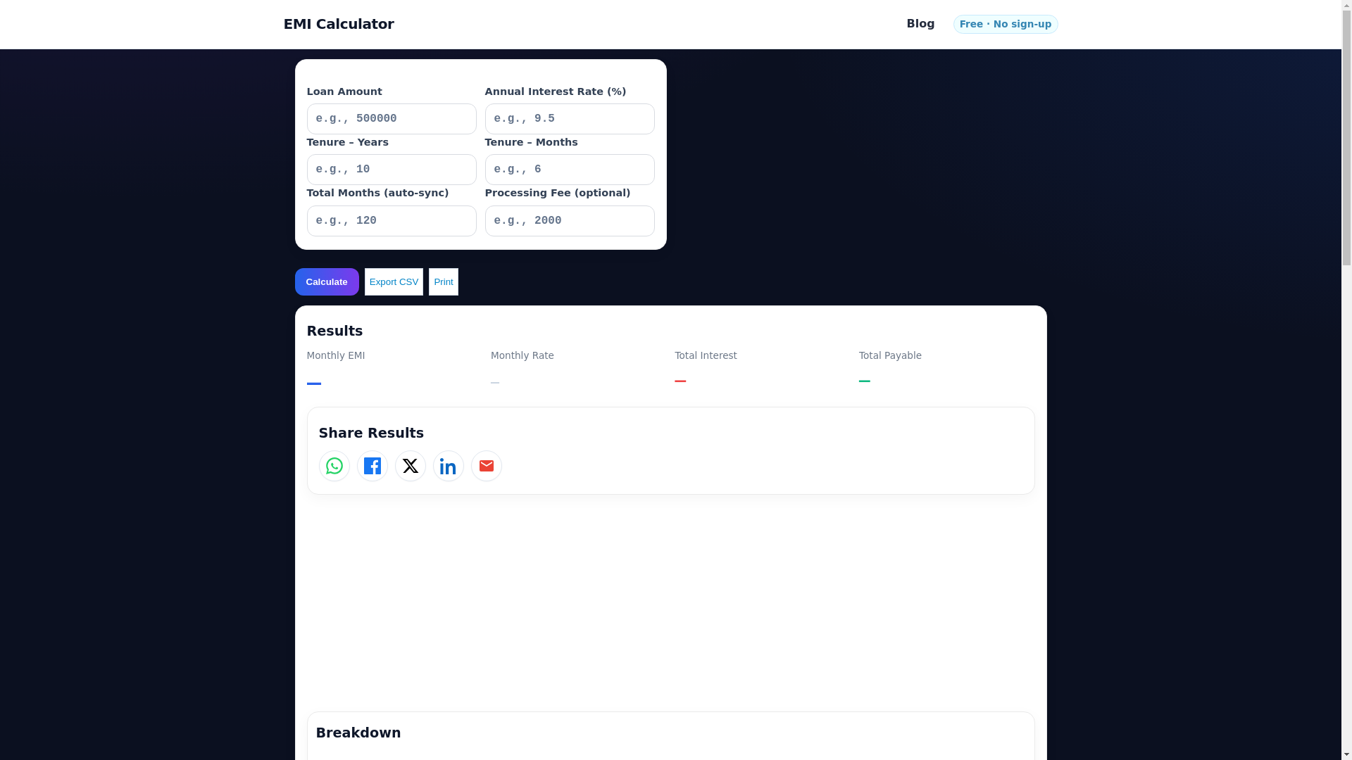 website screenshot of https://calculateemi.net/