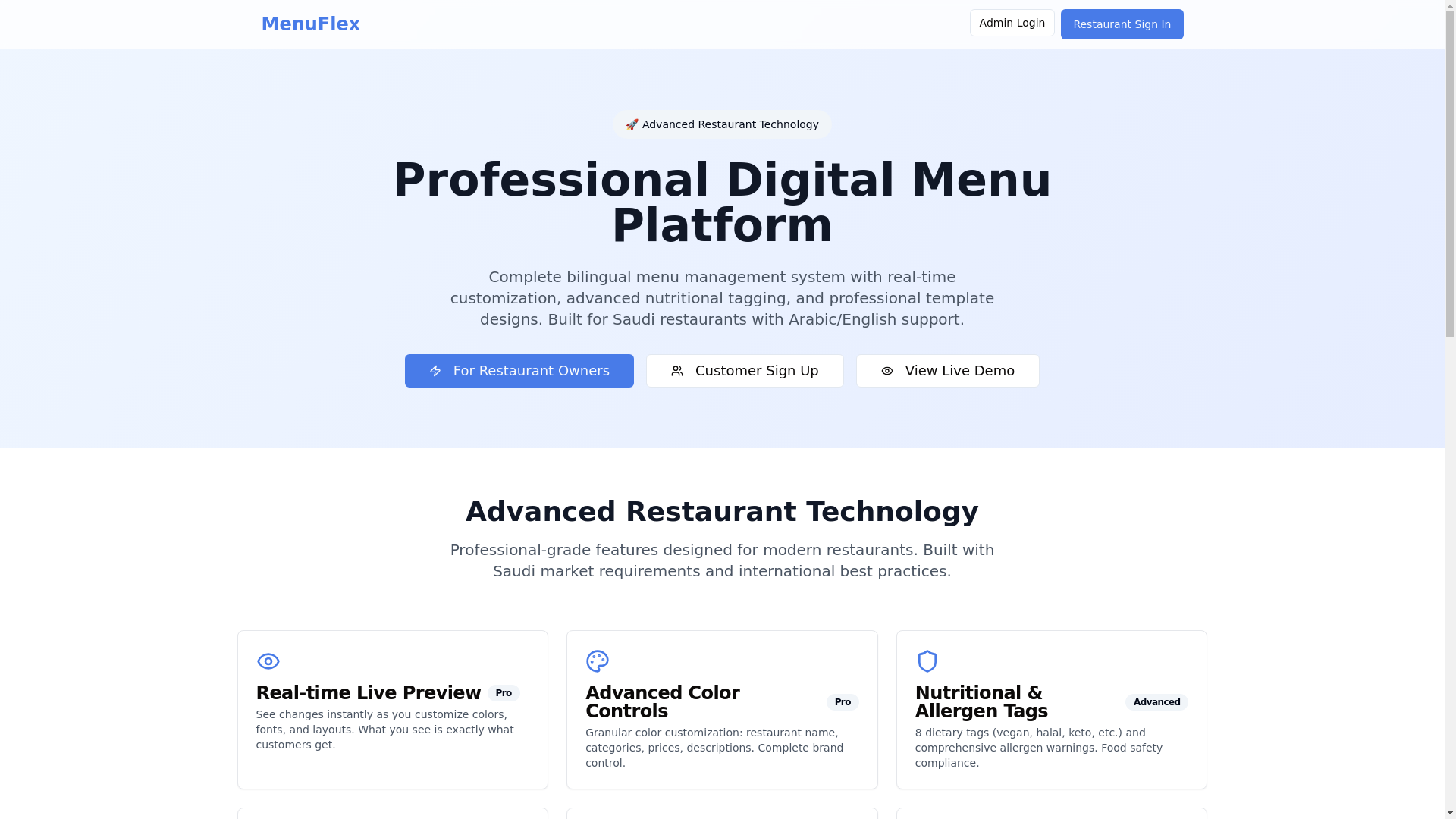 website screenshot of https://fleximenu.app/