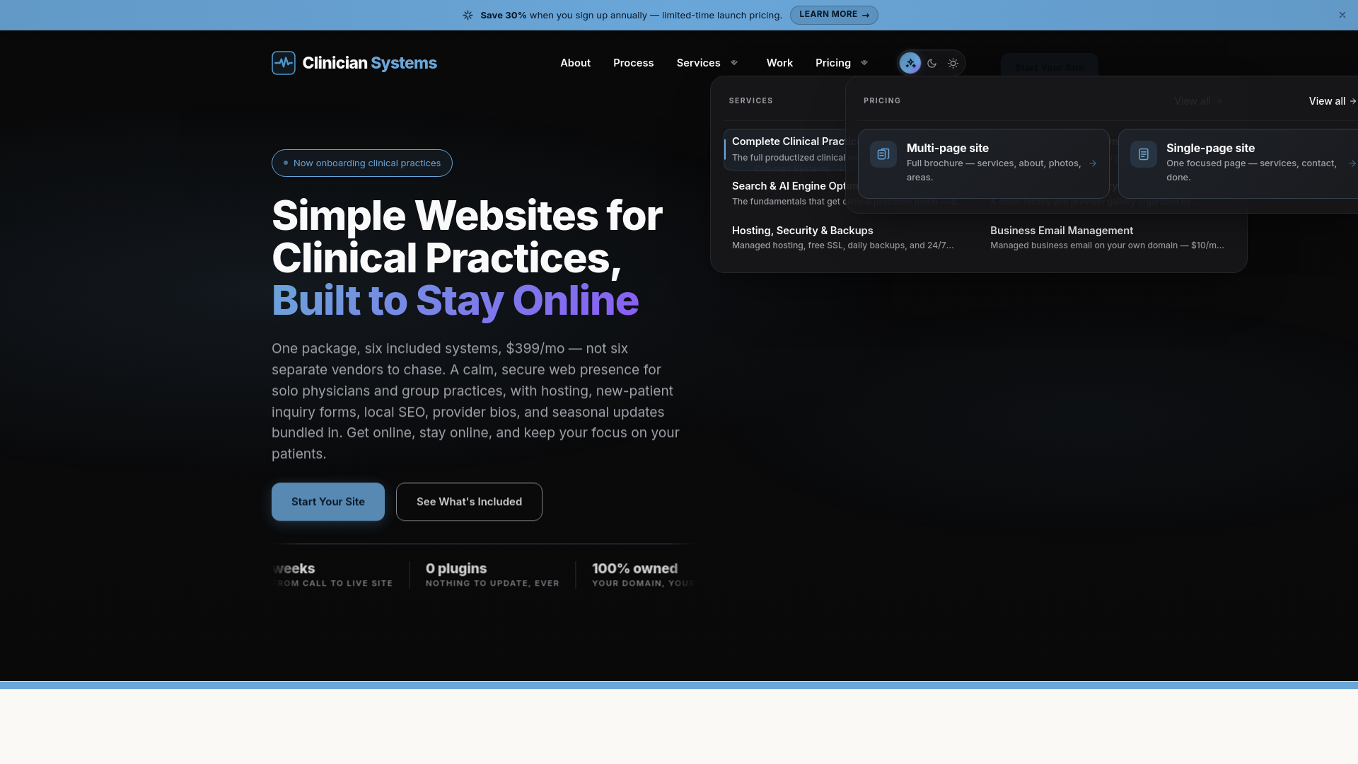 website screenshot of https://clinician.systems/