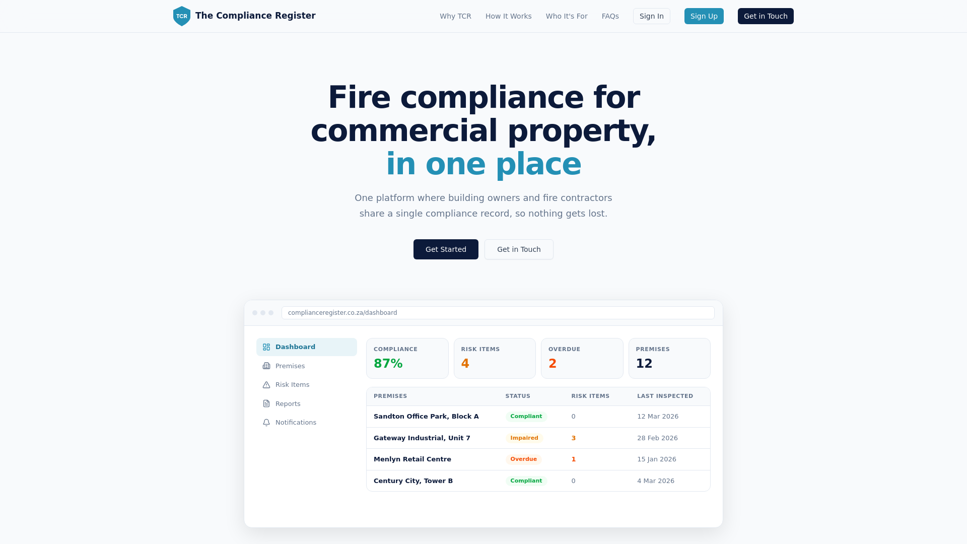 website screenshot of https://complianceregister.co.za