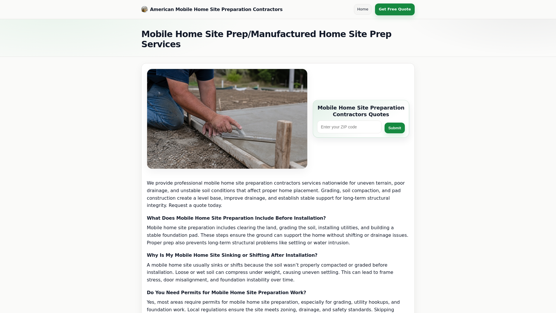 website screenshot of https://americanmobilehomesitepreparationcontractors.com/