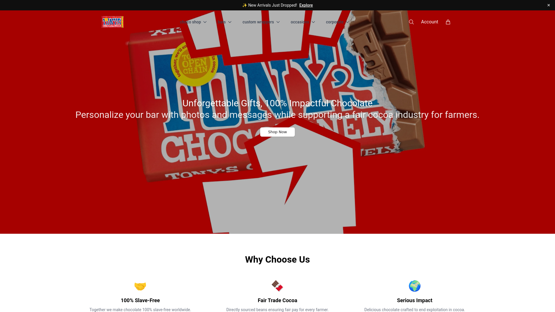 website screenshot of https://tonyschocolonelymarket.shop/