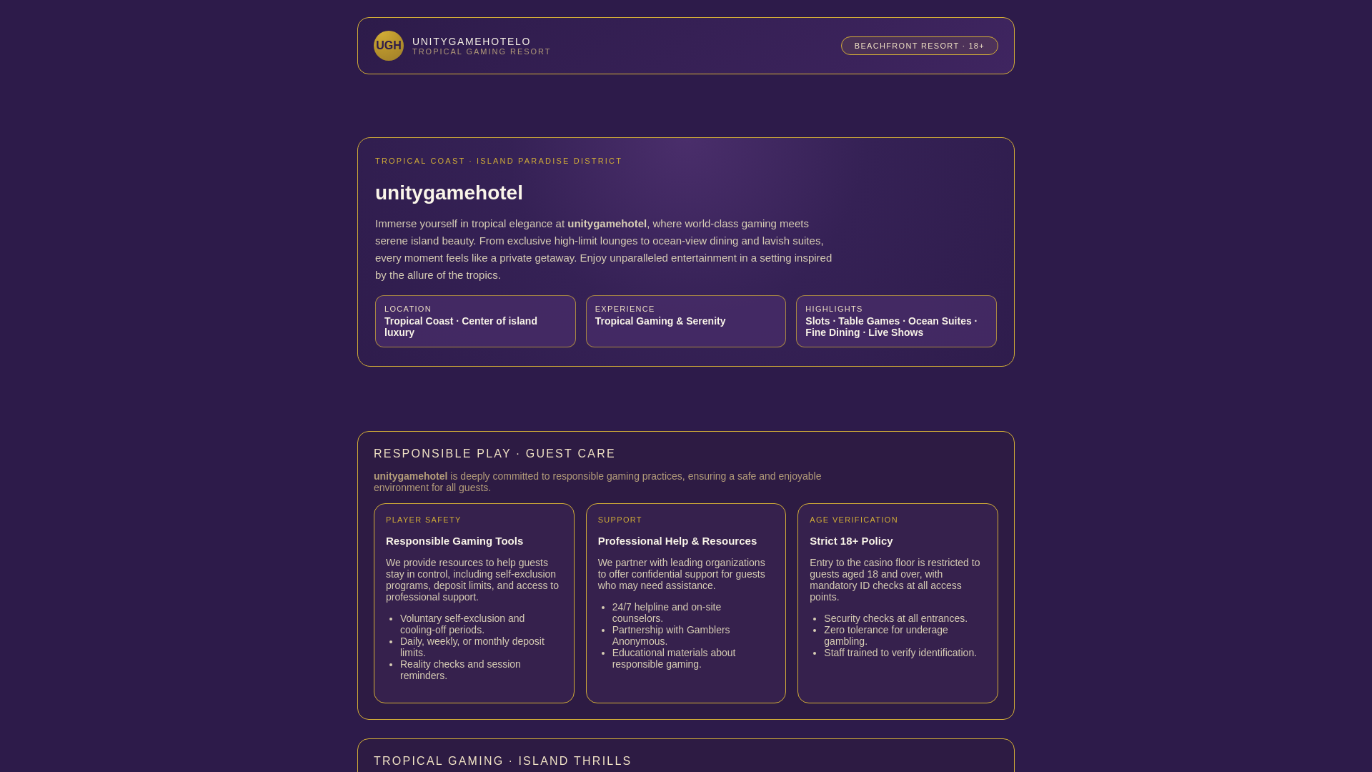 website screenshot of https://unitygamehotel.com