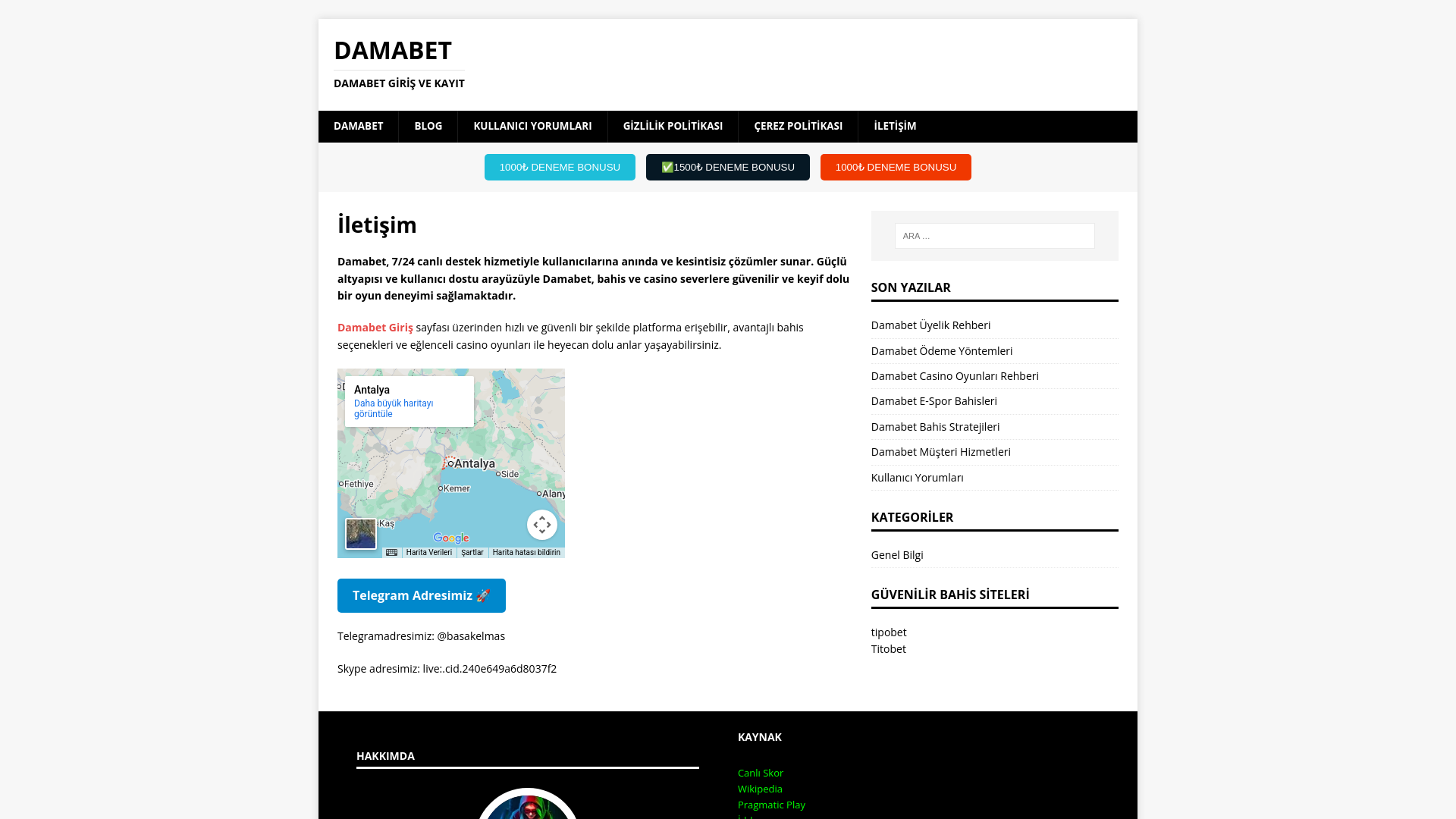 website screenshot of https://damabetbahis.com/iletisim/