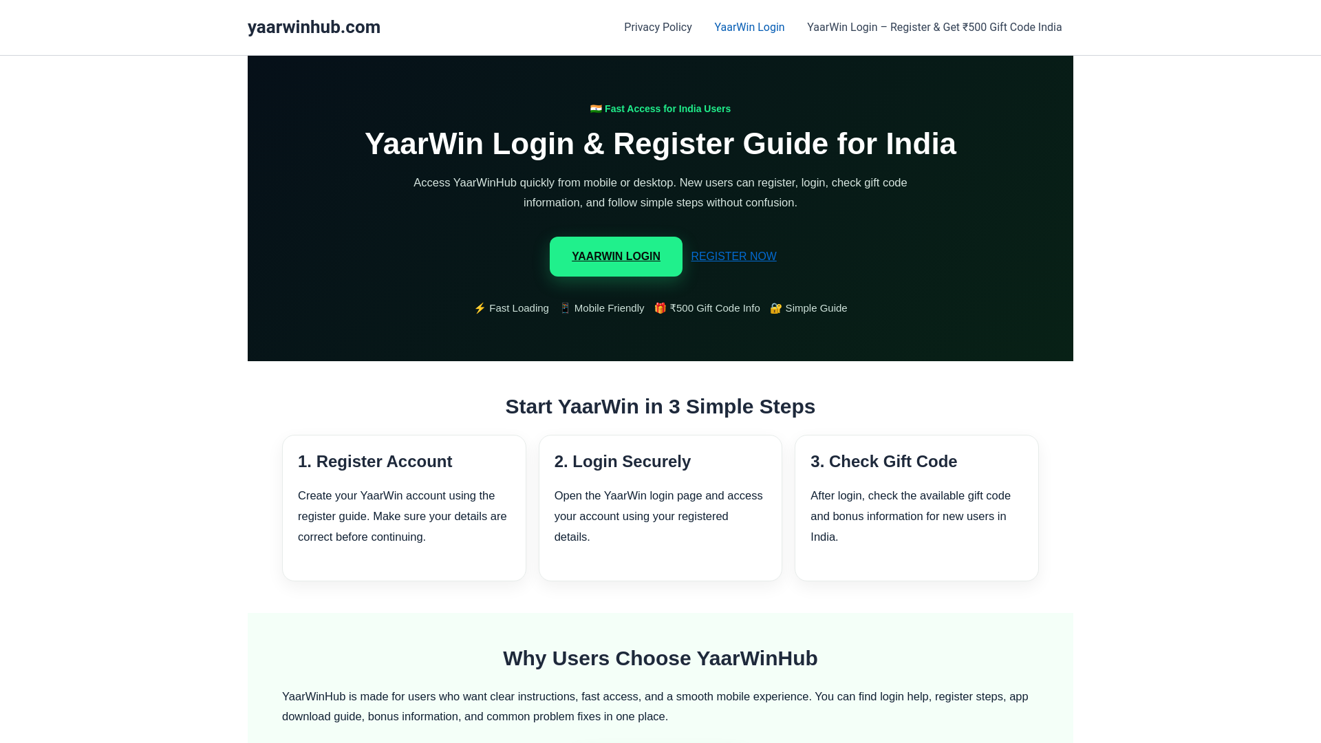 website screenshot of https://yaarwinhub.com/