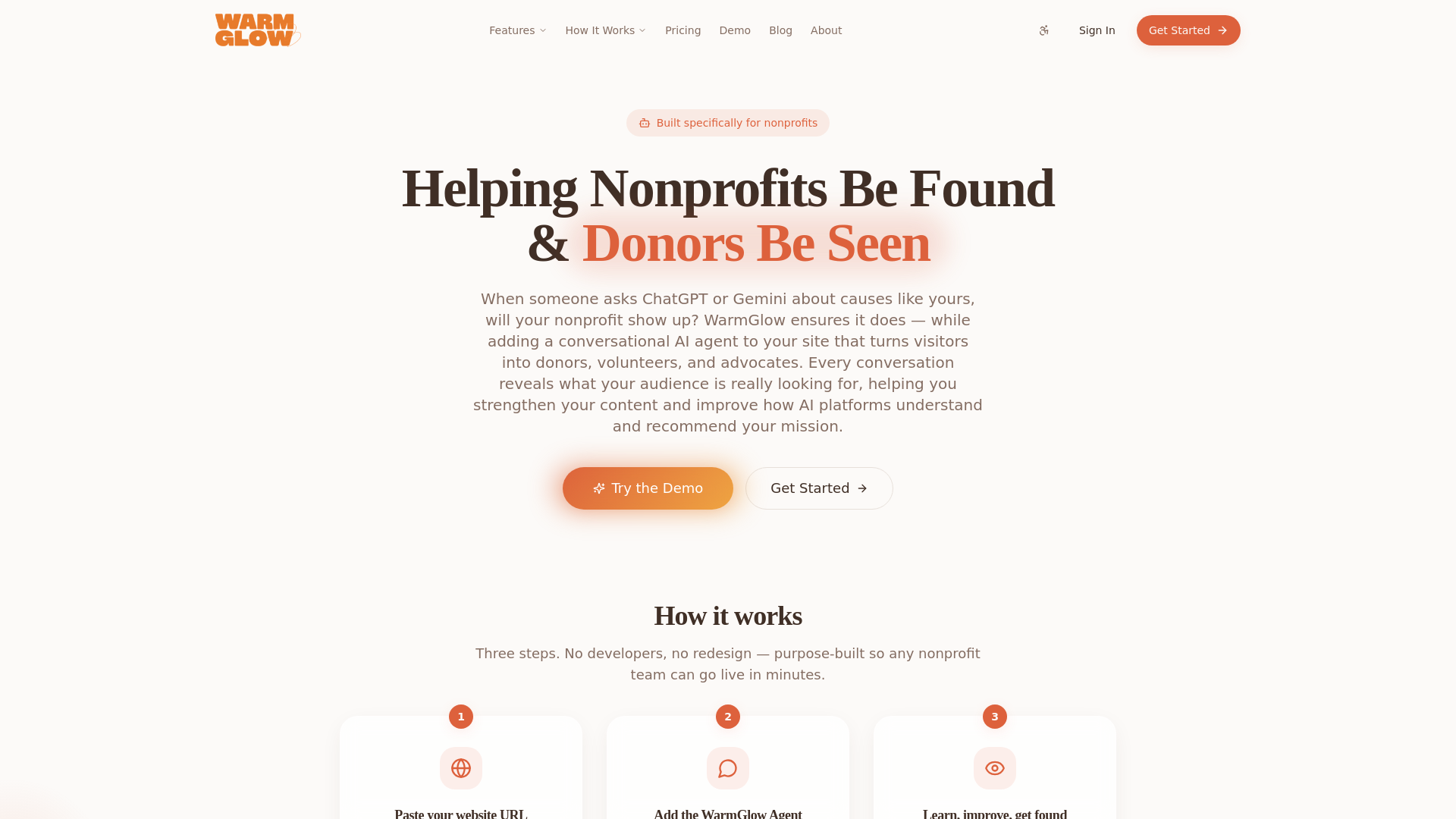 website screenshot of https://meetwarmglow.org/