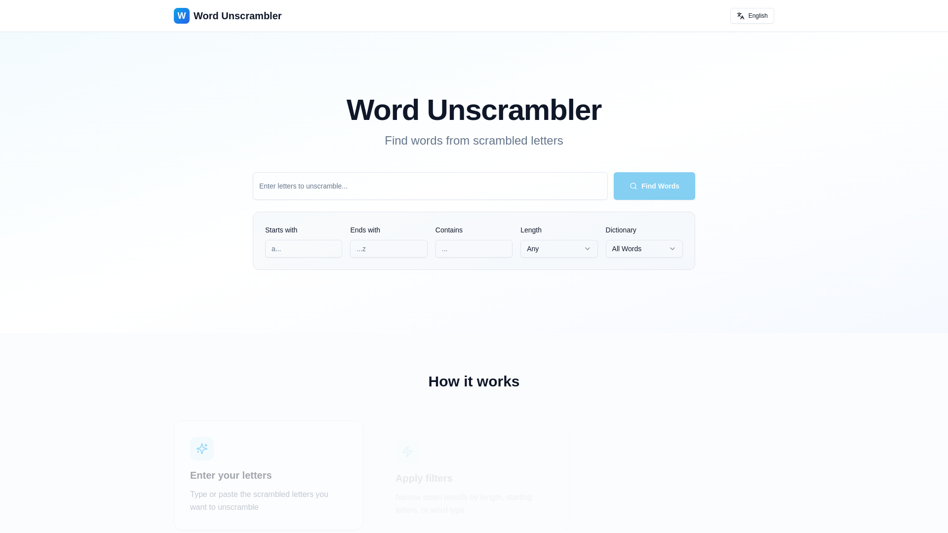 website screenshot of https://quick-unscramble.com/