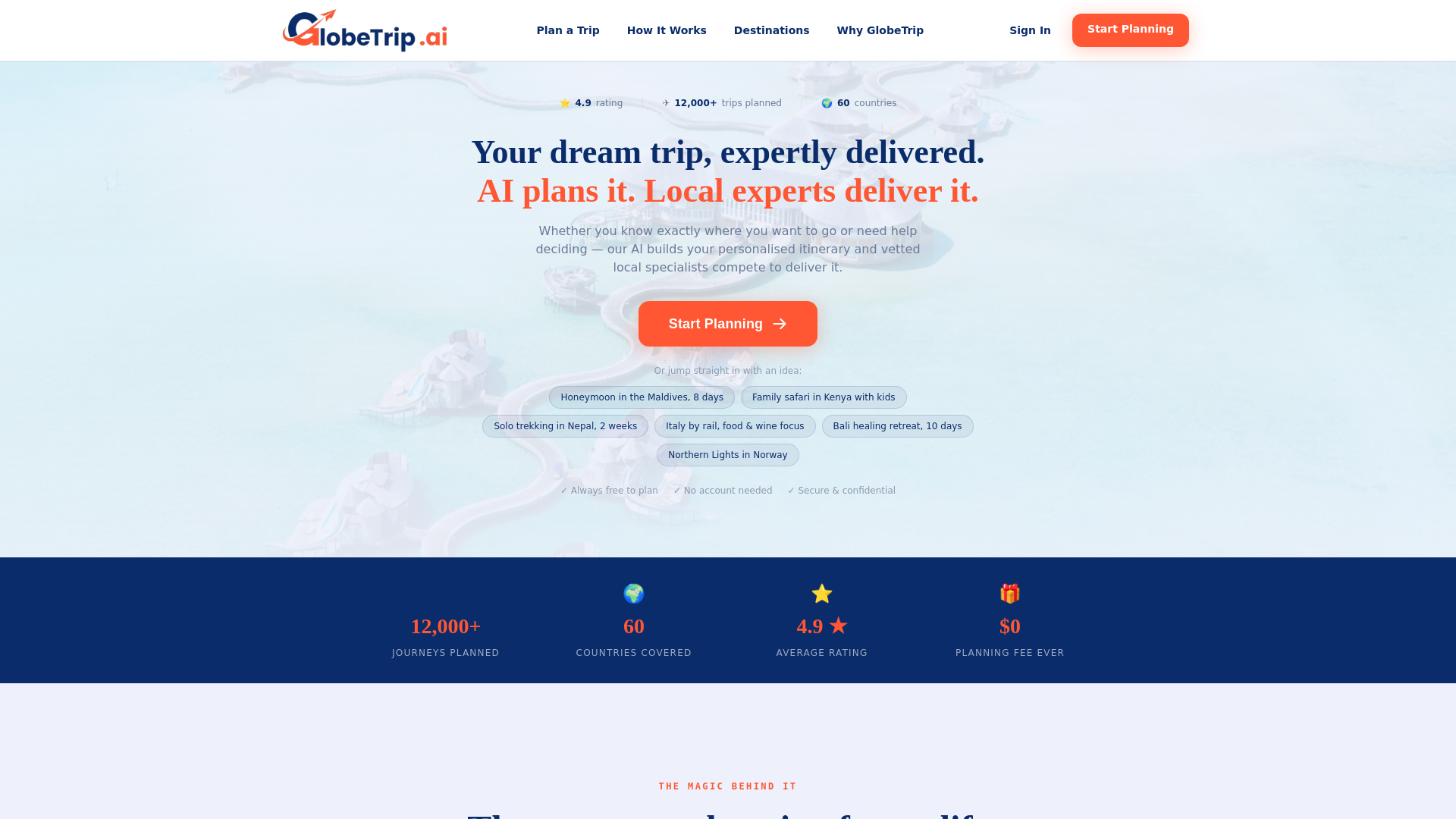 website screenshot of https://globetrip.ai