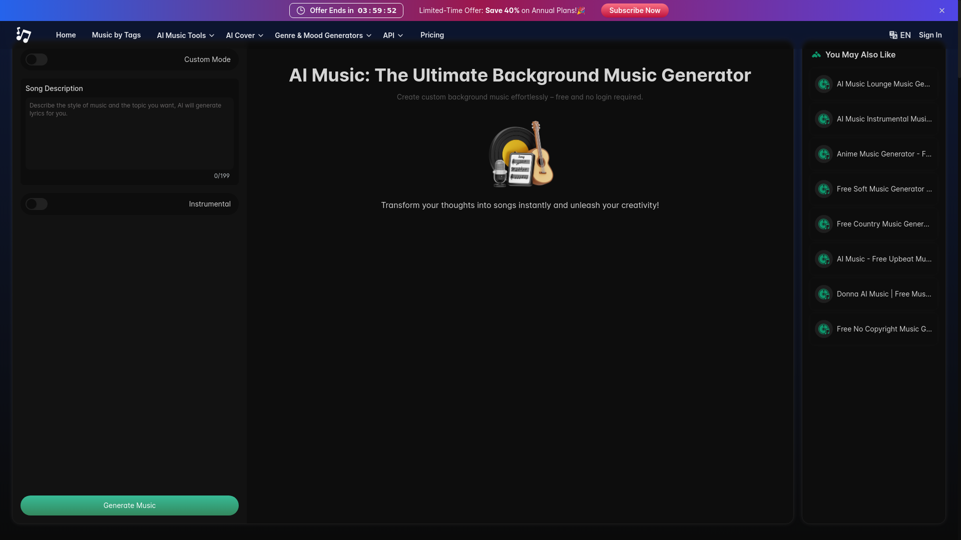 website screenshot of https://aimusic.so/features/background-music-generator