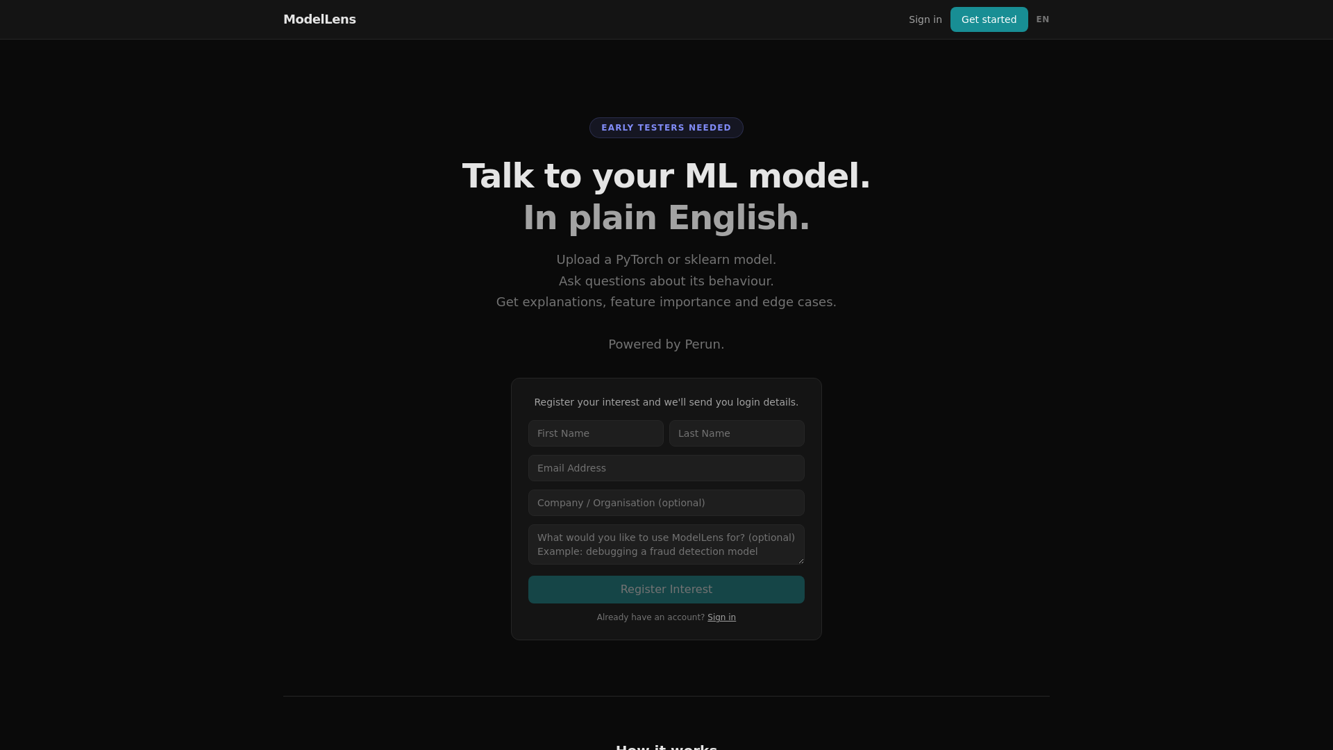 website screenshot of https://getmodellens.com/