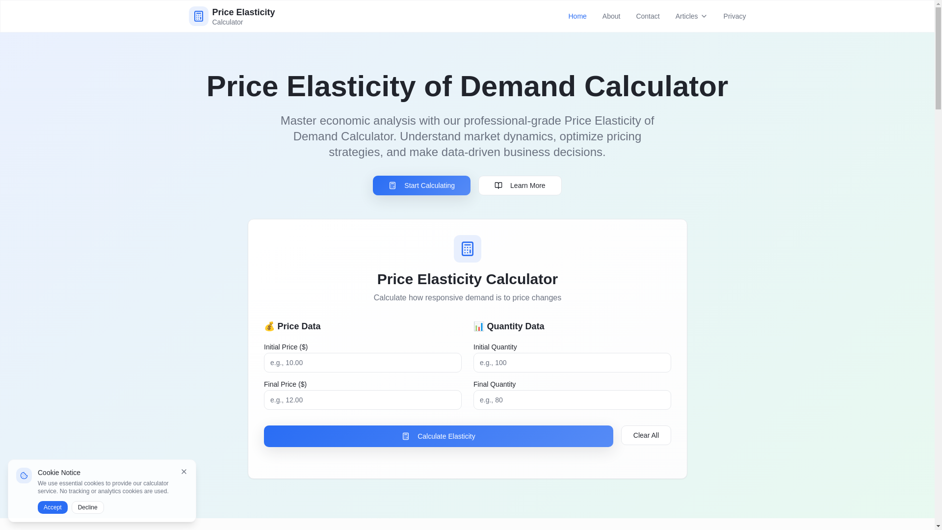 website screenshot of https://priceelasticityofdemandcalculator.pages.dev/