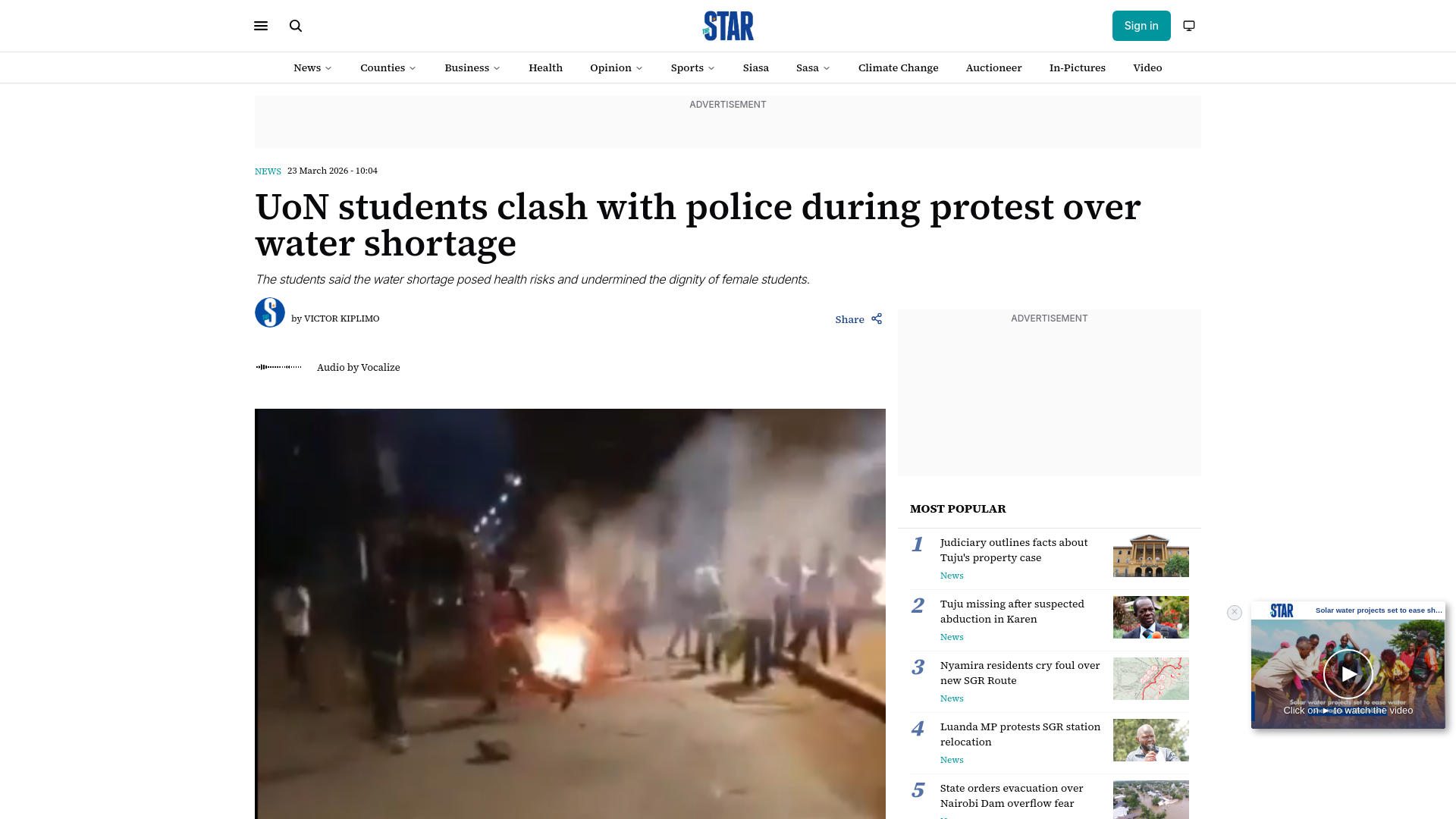 website screenshot of https://www.the-star.co.ke/news/2026-03-23-uon-students-clash-with-police-amid-water-shortage-protest