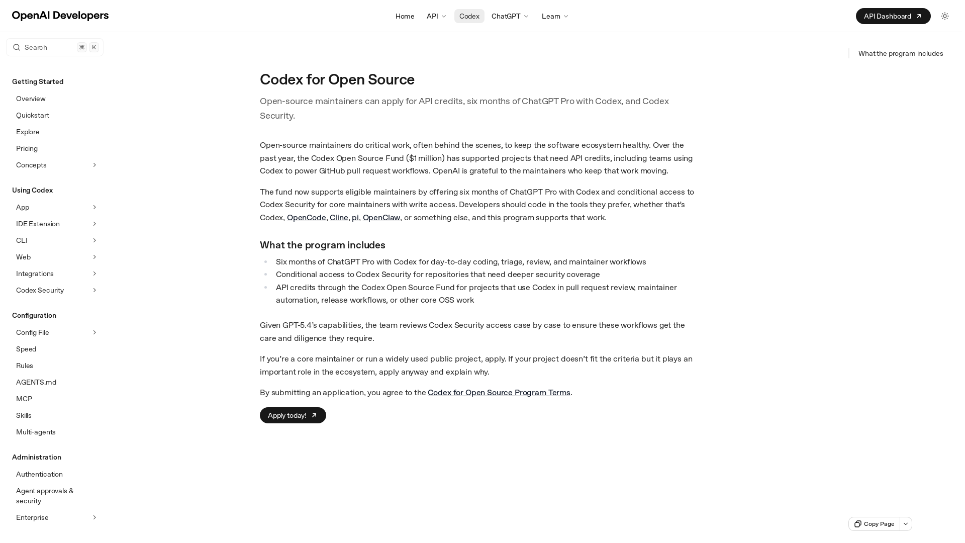 website screenshot of https://developers.openai.com/codex/community/codex-for-oss