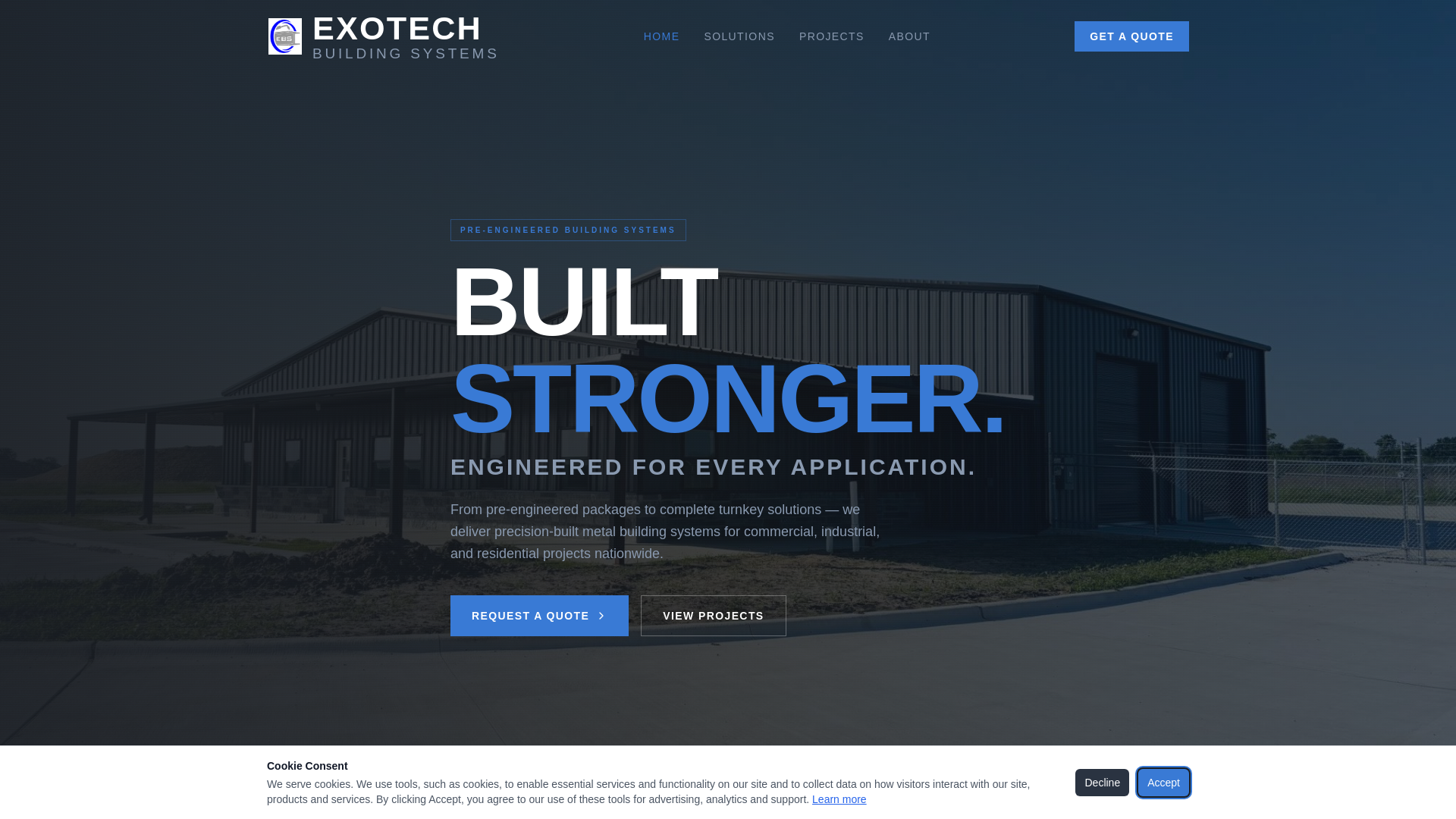 website screenshot of https://exotechbuildings.com/