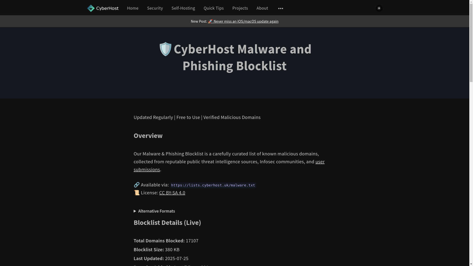 website screenshot of https://cyberhost.uk/malware-blocklist/