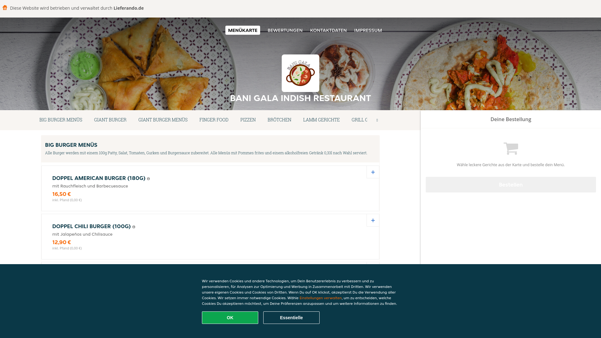 website screenshot of https://banigalaindishrestaurant-munster.de/