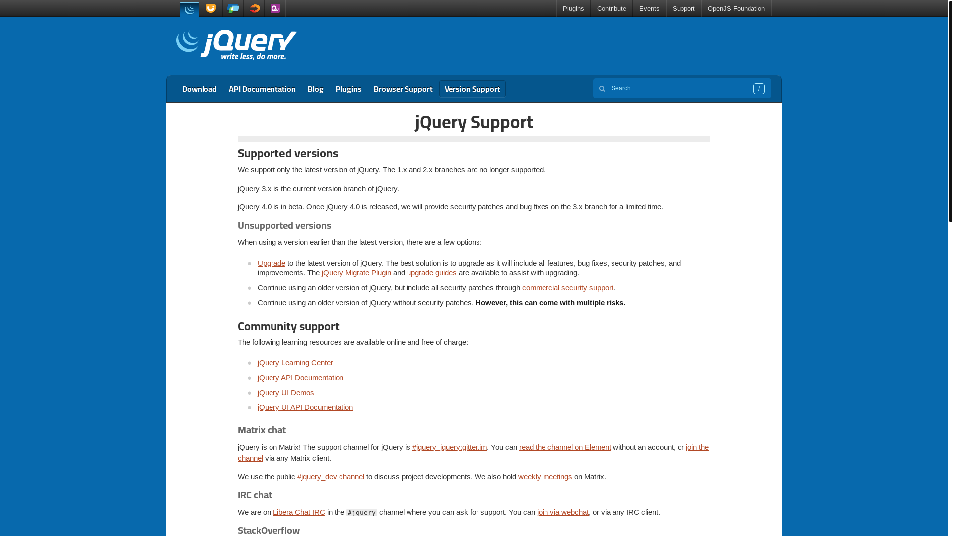 website screenshot of https://jquery.com/support/