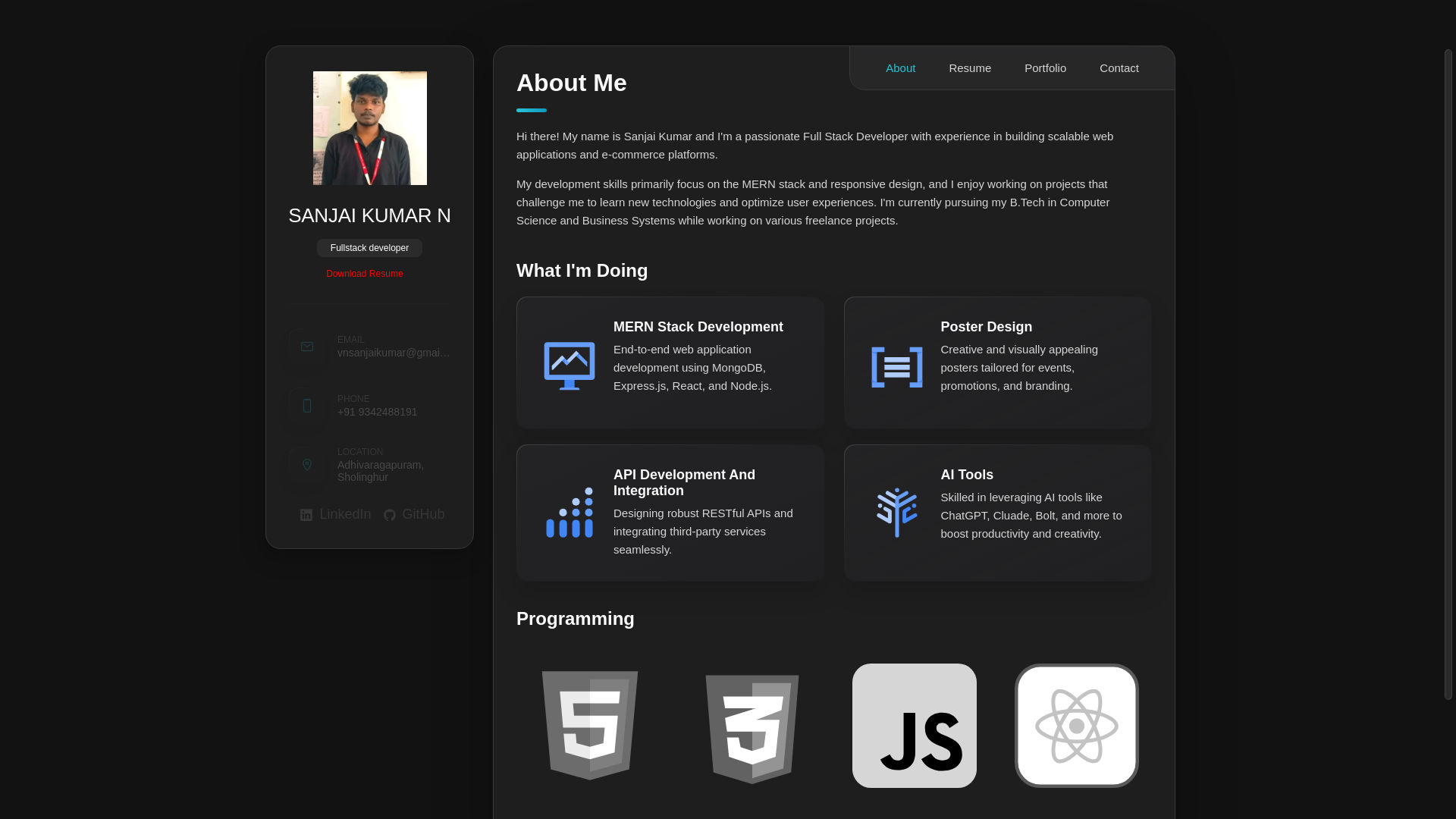 website screenshot of https://sanjaikumar.dev/