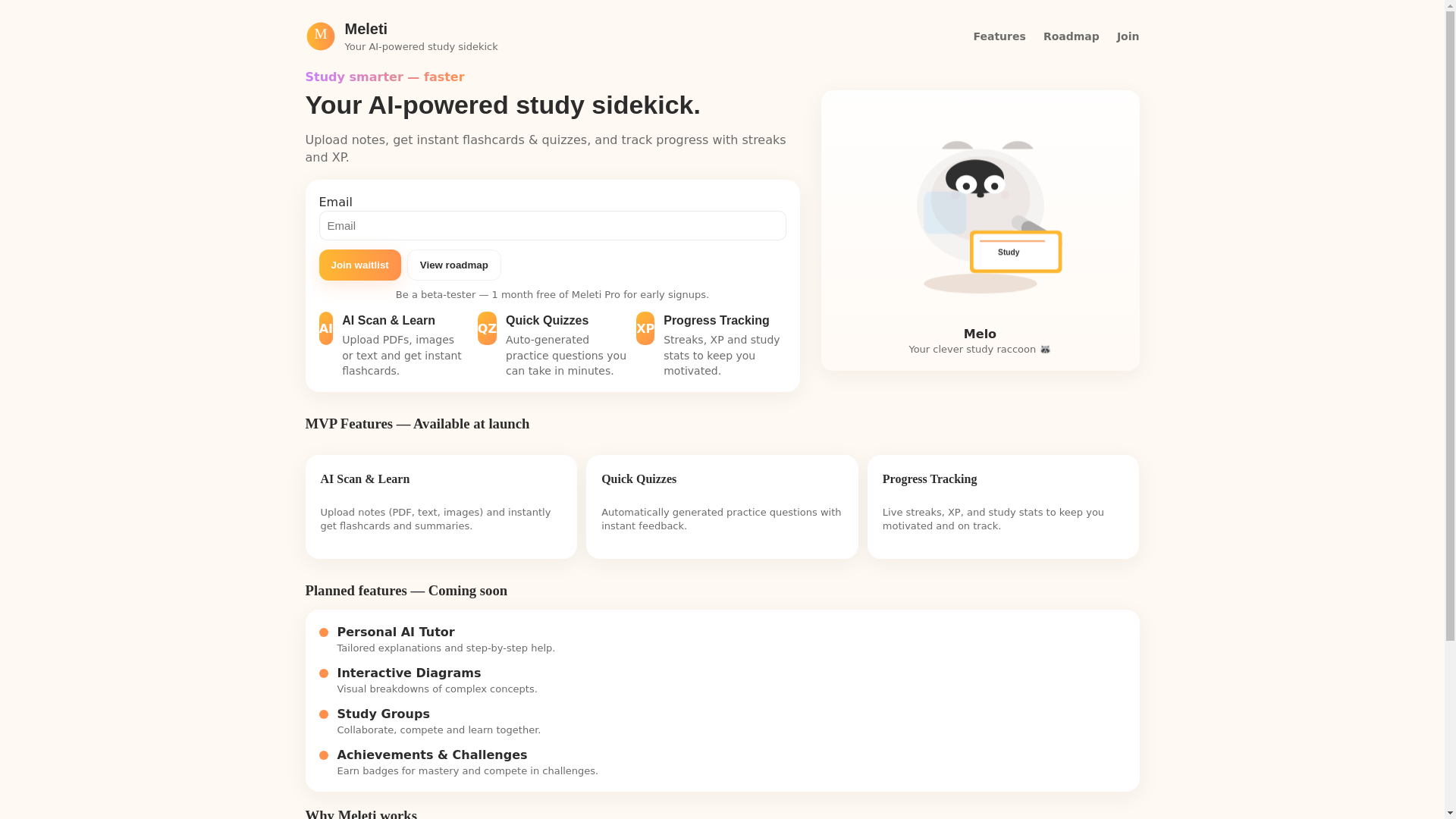 website screenshot of https://meleti-waitlist.pages.dev/