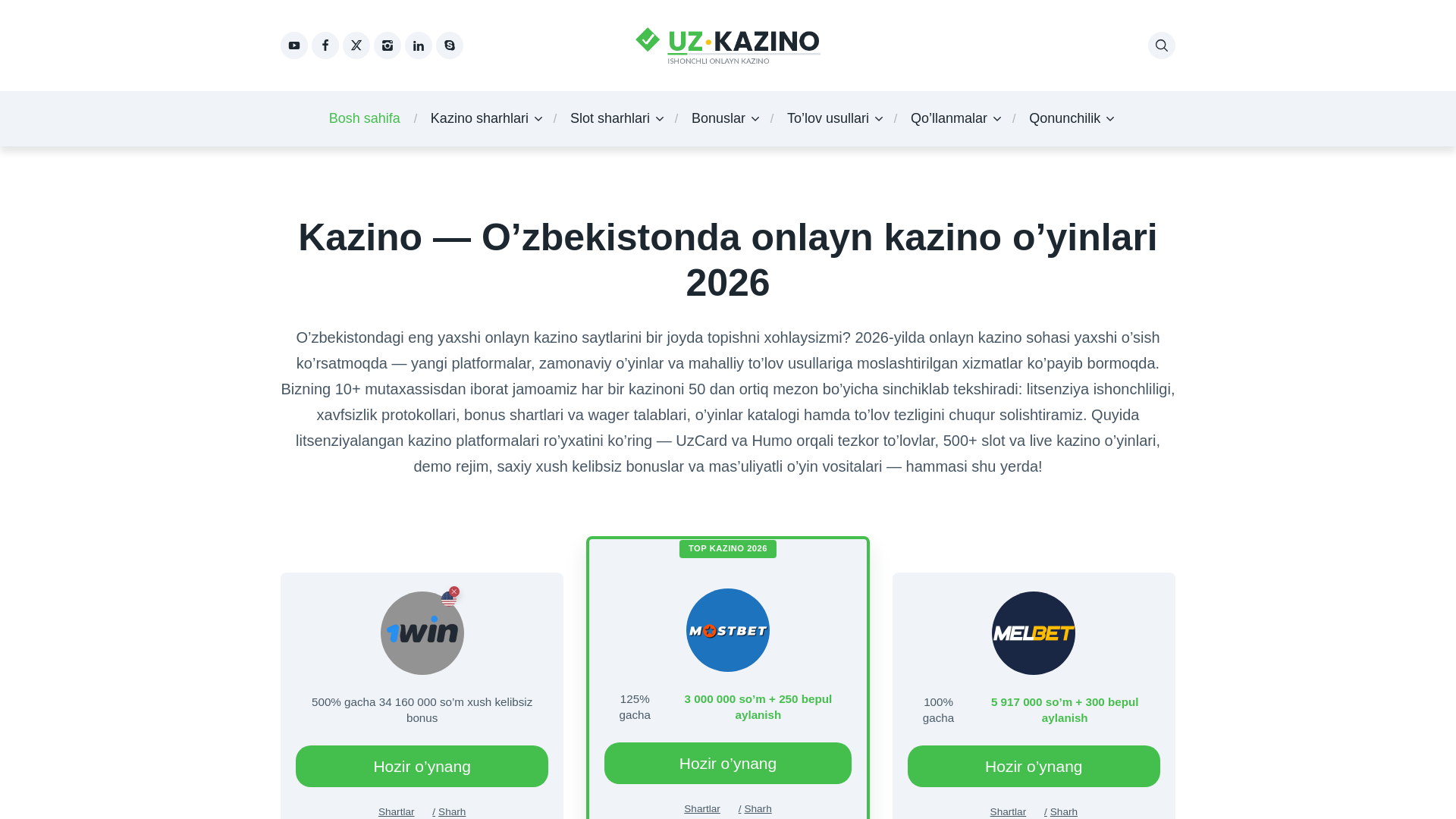 website screenshot of https://uz-kazino.com/