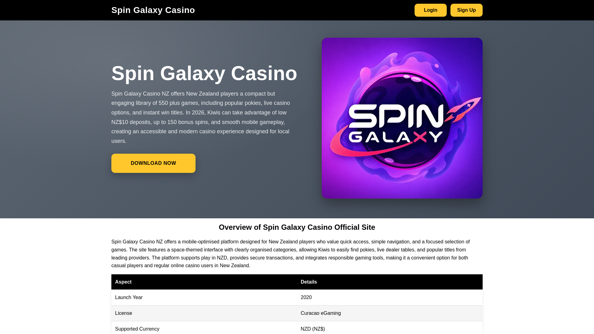 website screenshot of https://spingalaxycasinosnz.com/