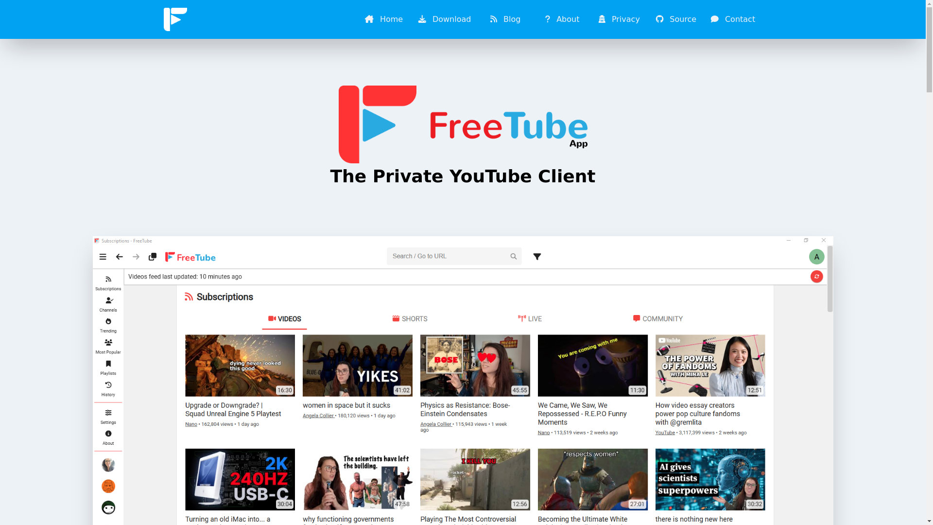 website screenshot of https://freetubeapp.io/